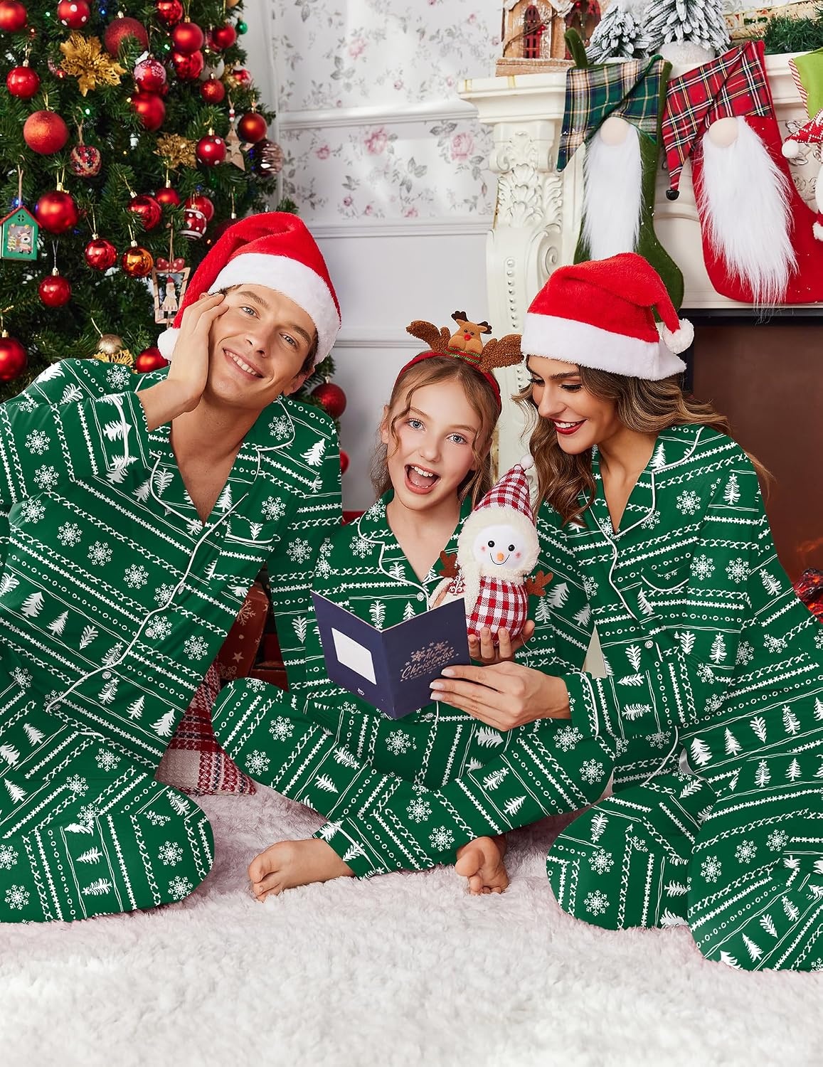 image:imageEkouaer Christmas Family Matching Pajamas Long Sleeve Button Down Pj SetDark GreenSnowflake