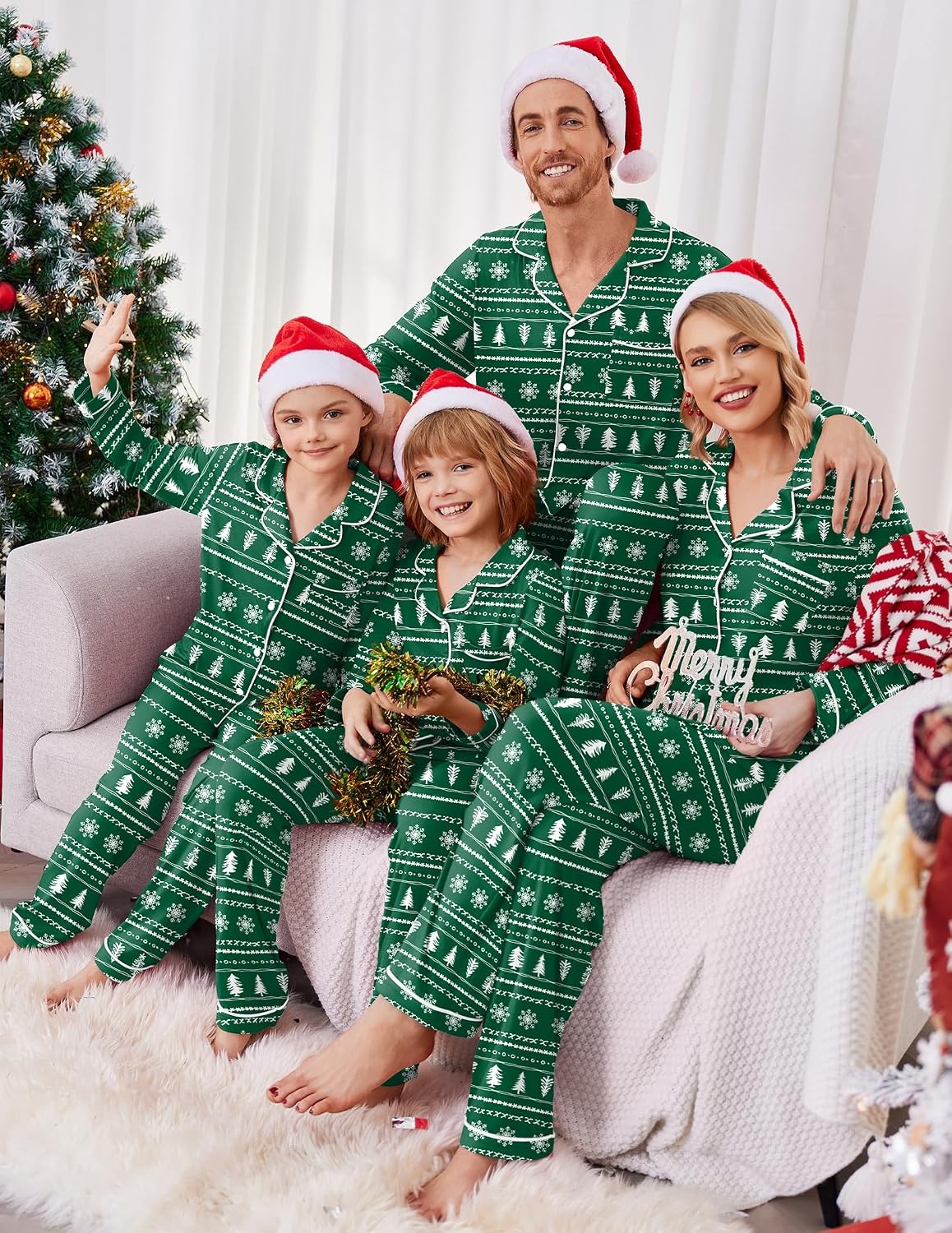 image:imageEkouaer Christmas Family Matching Pajamas Long Sleeve Button Down Pj SetDark GreenSnowflake