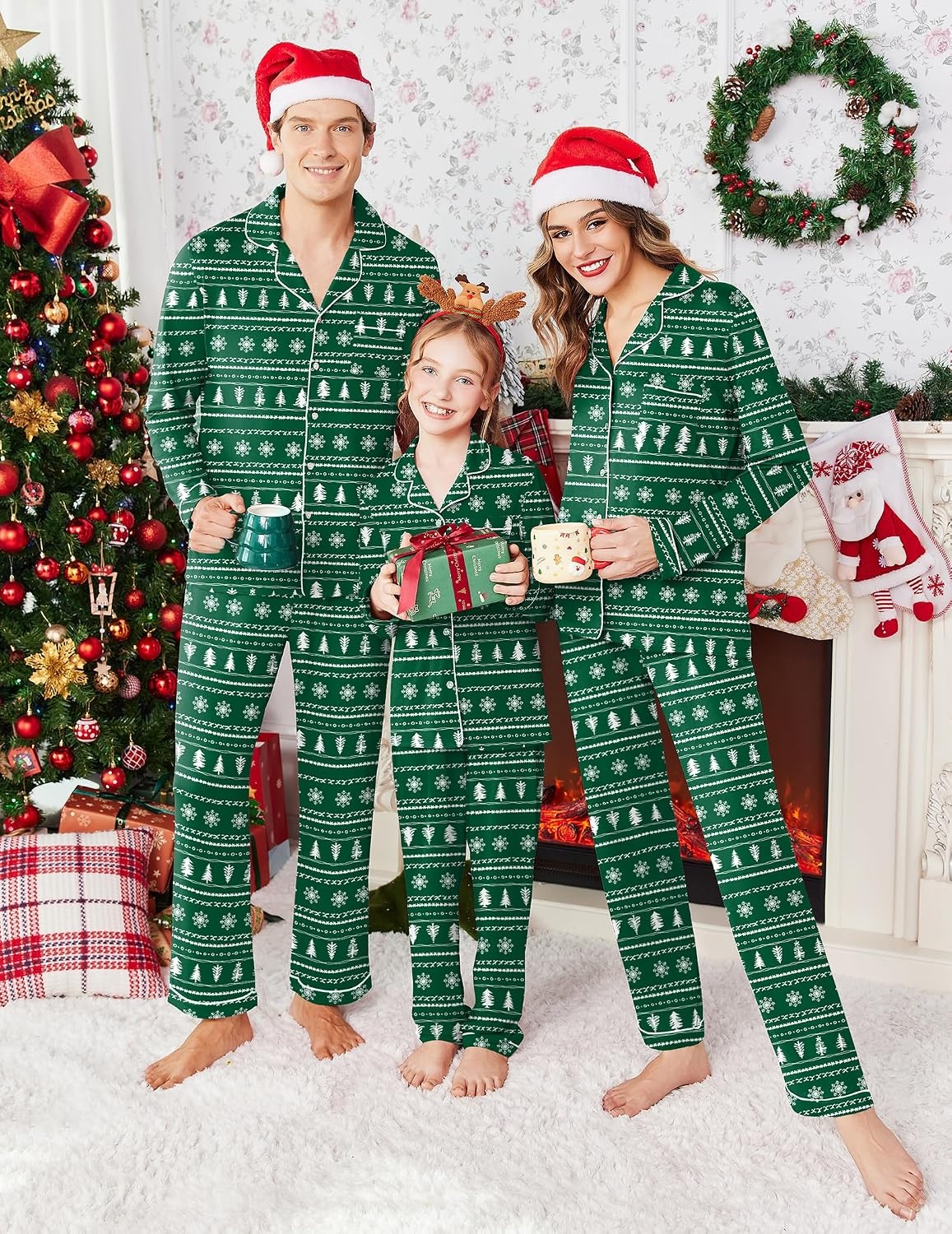 image:imageEkouaer Christmas Family Matching Pajamas Long Sleeve Button Down Pj SetDark GreenSnowflake