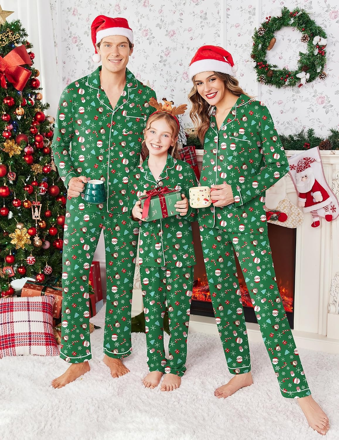 image:imageEkouaer Christmas Family Matching Pajamas Long Sleeve Button Down Pj SetDeep Green Snowman 2