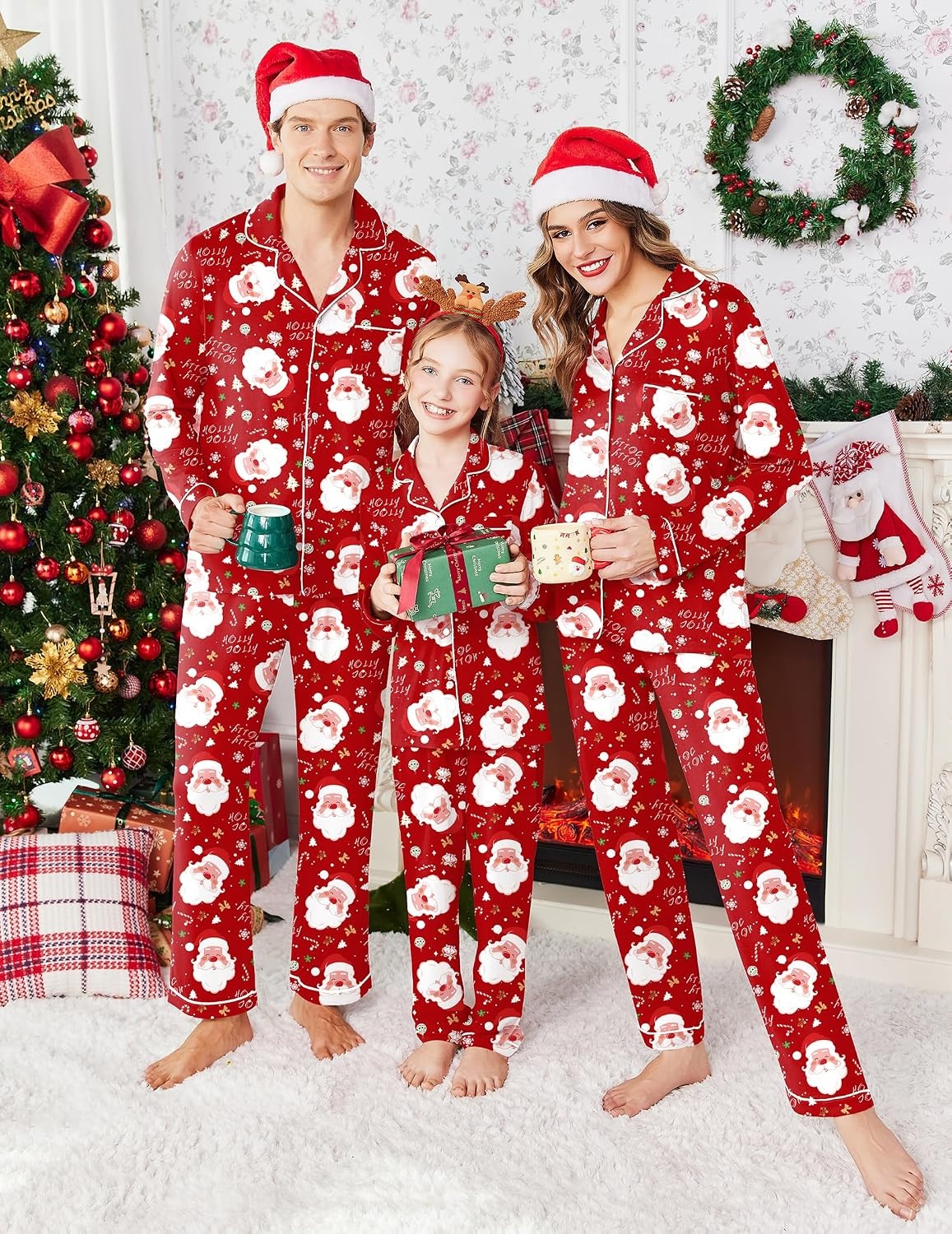 image:imageEkouaer Christmas Family Matching Pajamas Long Sleeve Button Down Pj SetDeep Red Santa Claus