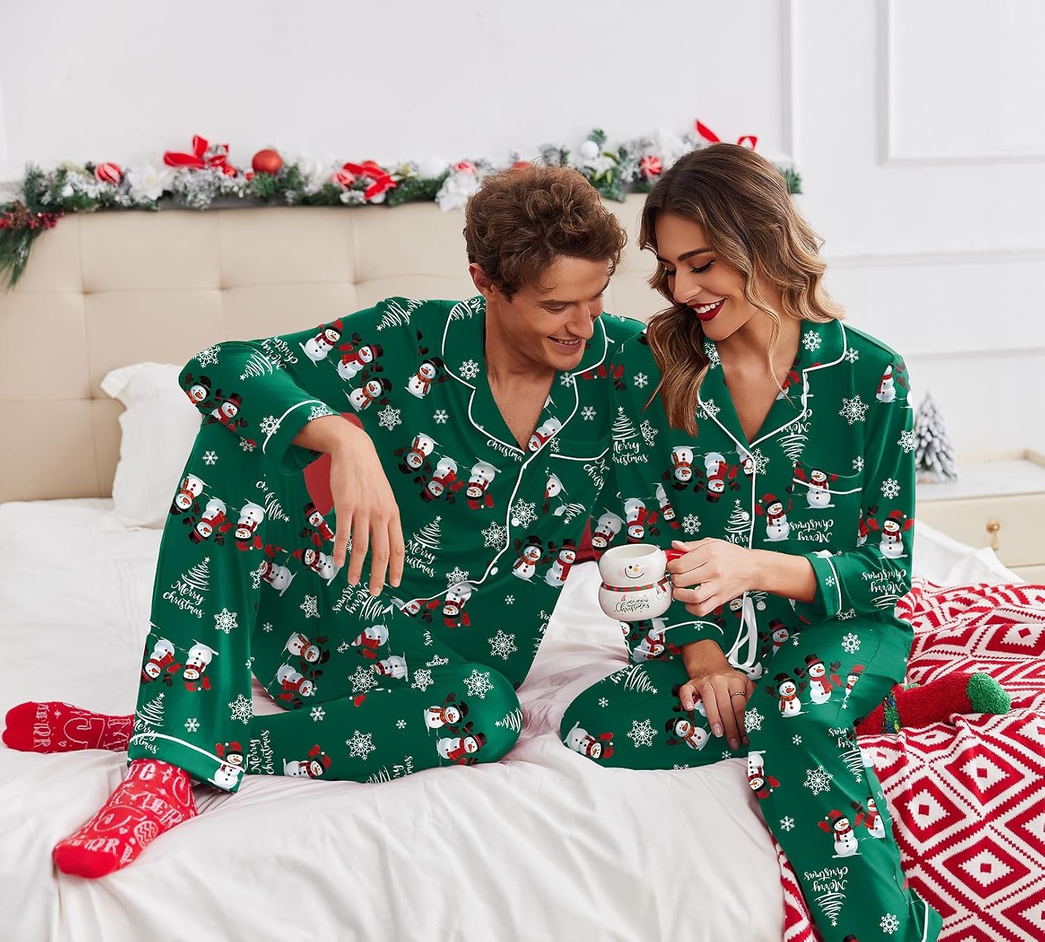 image:imageEkouaer Christmas Family Matching Pajamas Long Sleeve Button Down Pj SetGreen Snowman