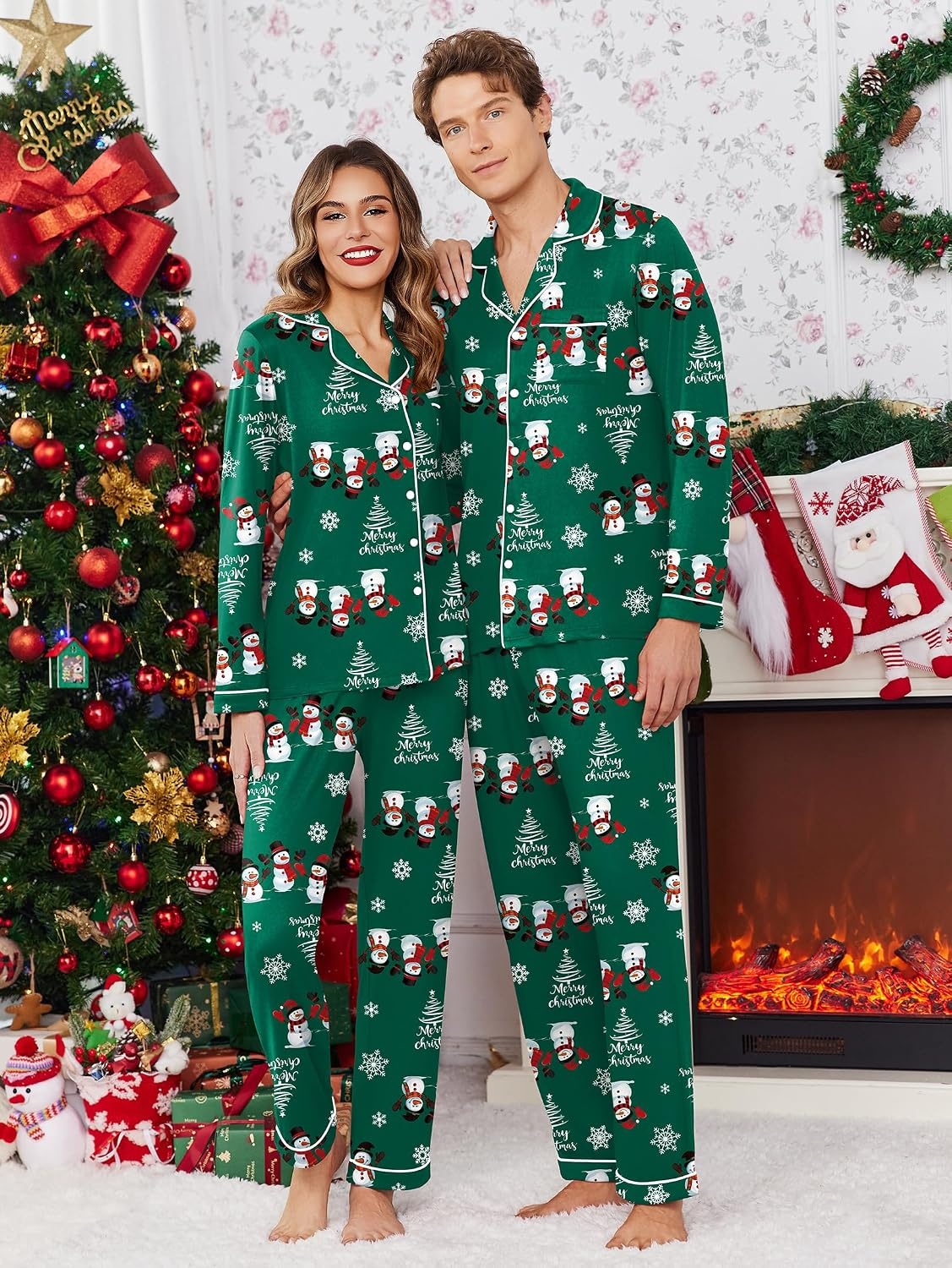 image:imageEkouaer Christmas Family Matching Pajamas Long Sleeve Button Down Pj SetGreen Snowman