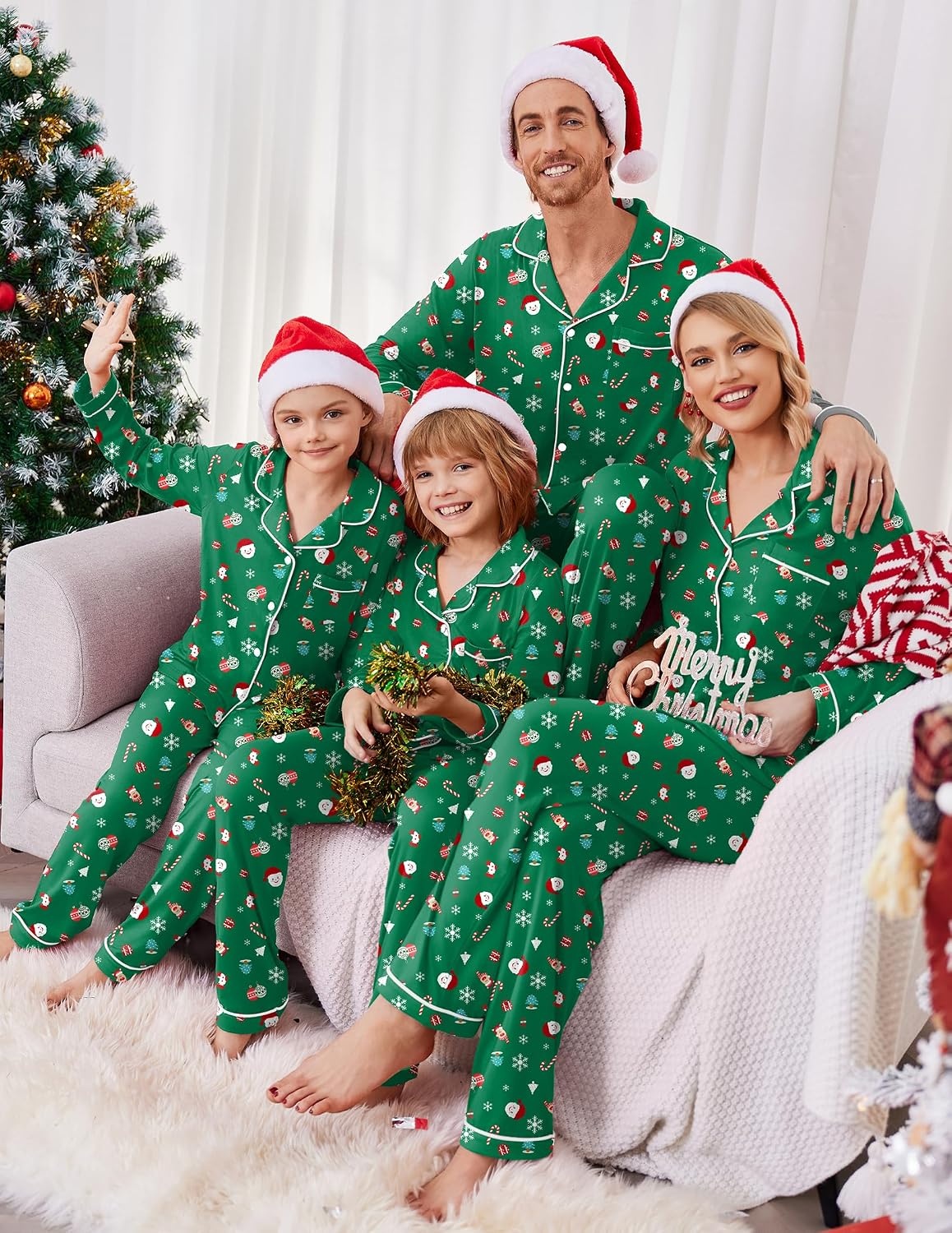 image:imageEkouaer Christmas Family Matching Pajamas Long Sleeve Button Down Pj SetGreenSanta Claus