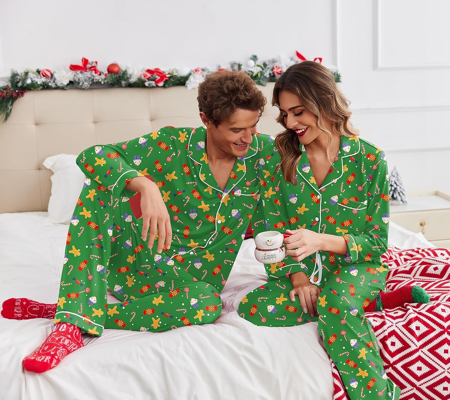 image:imageEkouaer Christmas Family Matching Pajamas Long Sleeve Button Down Pj SetGreenSuagr
