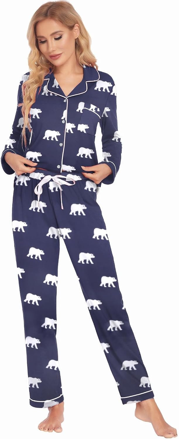 image:imageEkouaer Christmas Family Matching Pajamas Long Sleeve Button Down Pj SetNavy BlueBear