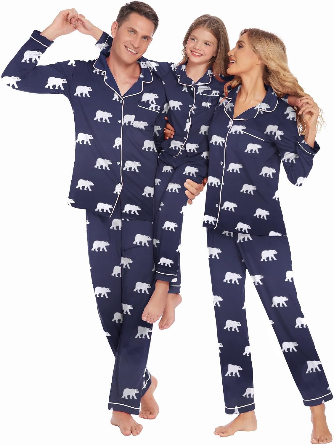 image:imageEkouaer Christmas Family Matching Pajamas Long Sleeve Button Down Pj SetNavy BlueBear