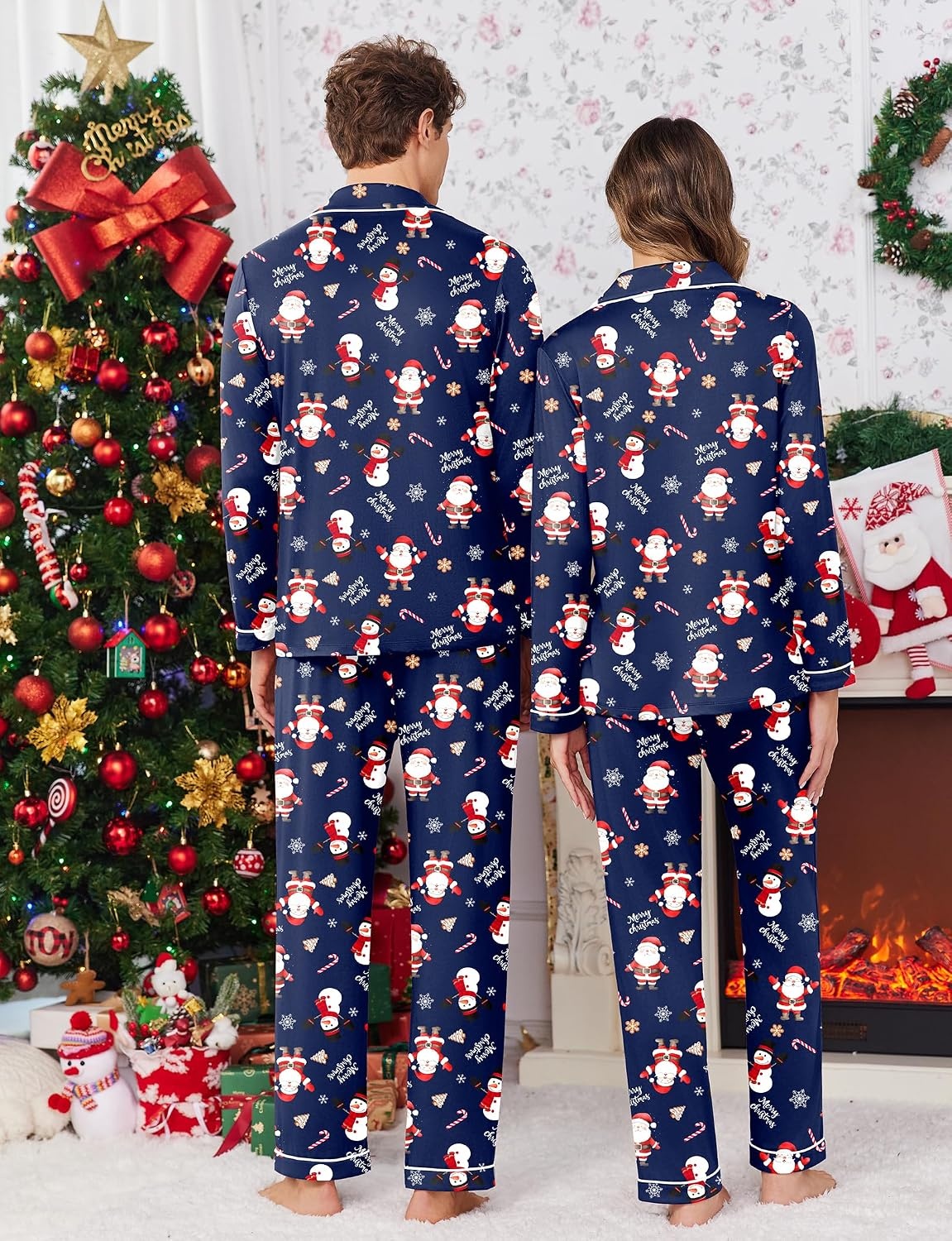 image:imageEkouaer Christmas Family Matching Pajamas Long Sleeve Button Down Pj SetNavy Snowman