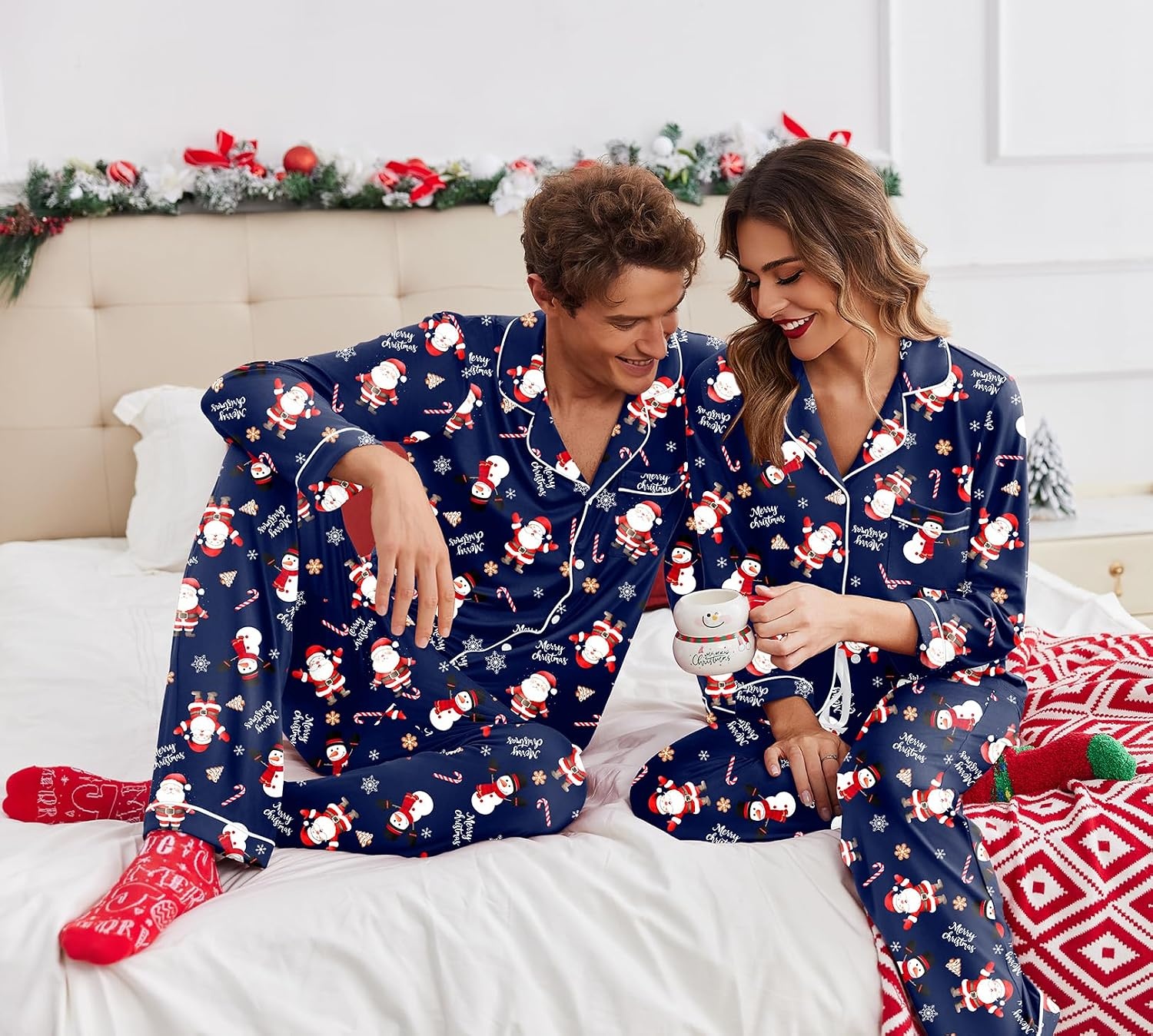 image:imageEkouaer Christmas Family Matching Pajamas Long Sleeve Button Down Pj SetNavy Snowman