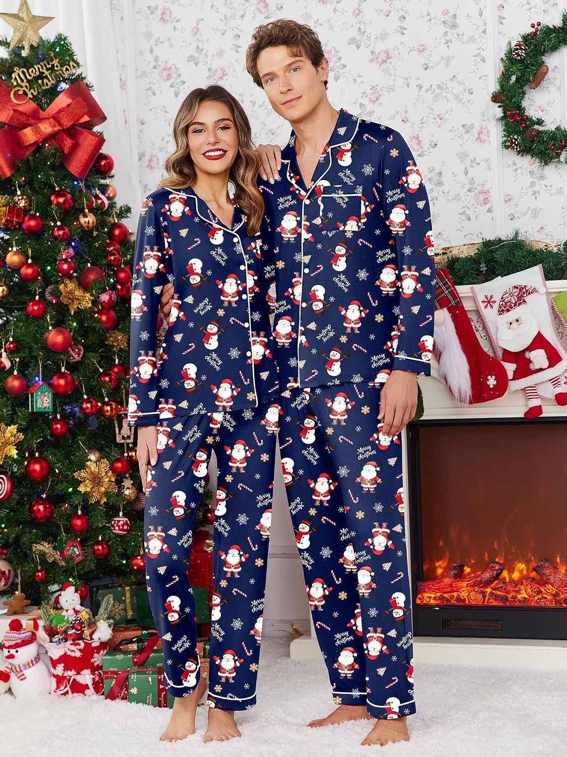 image:imageEkouaer Christmas Family Matching Pajamas Long Sleeve Button Down Pj SetNavy Snowman