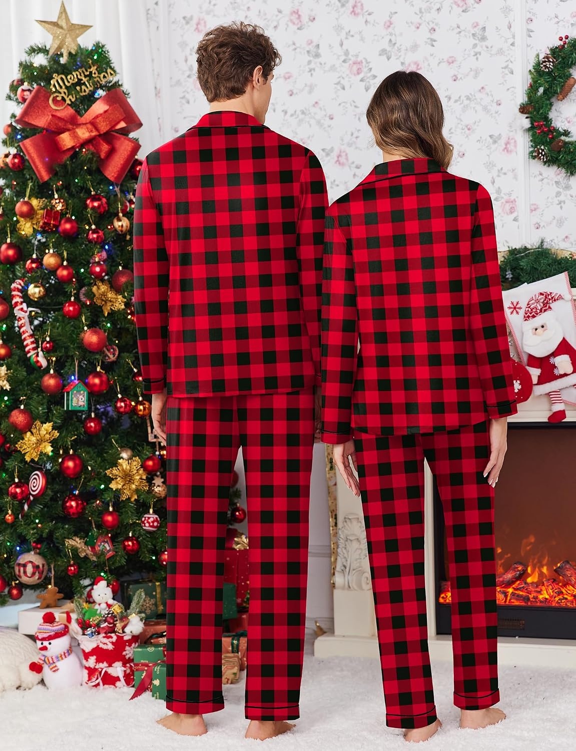 image:imageEkouaer Christmas Family Matching Pajamas Long Sleeve Button Down Pj SetRed Black Plaid