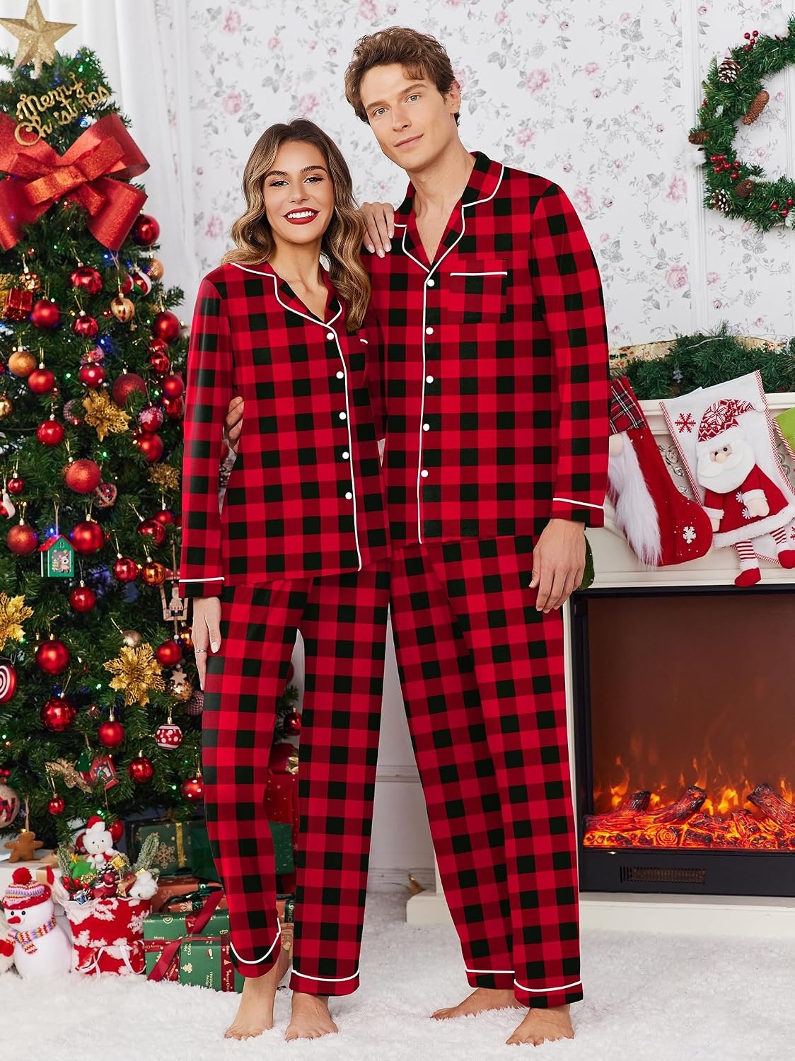 image:imageEkouaer Christmas Family Matching Pajamas Long Sleeve Button Down Pj SetRed Black Plaid