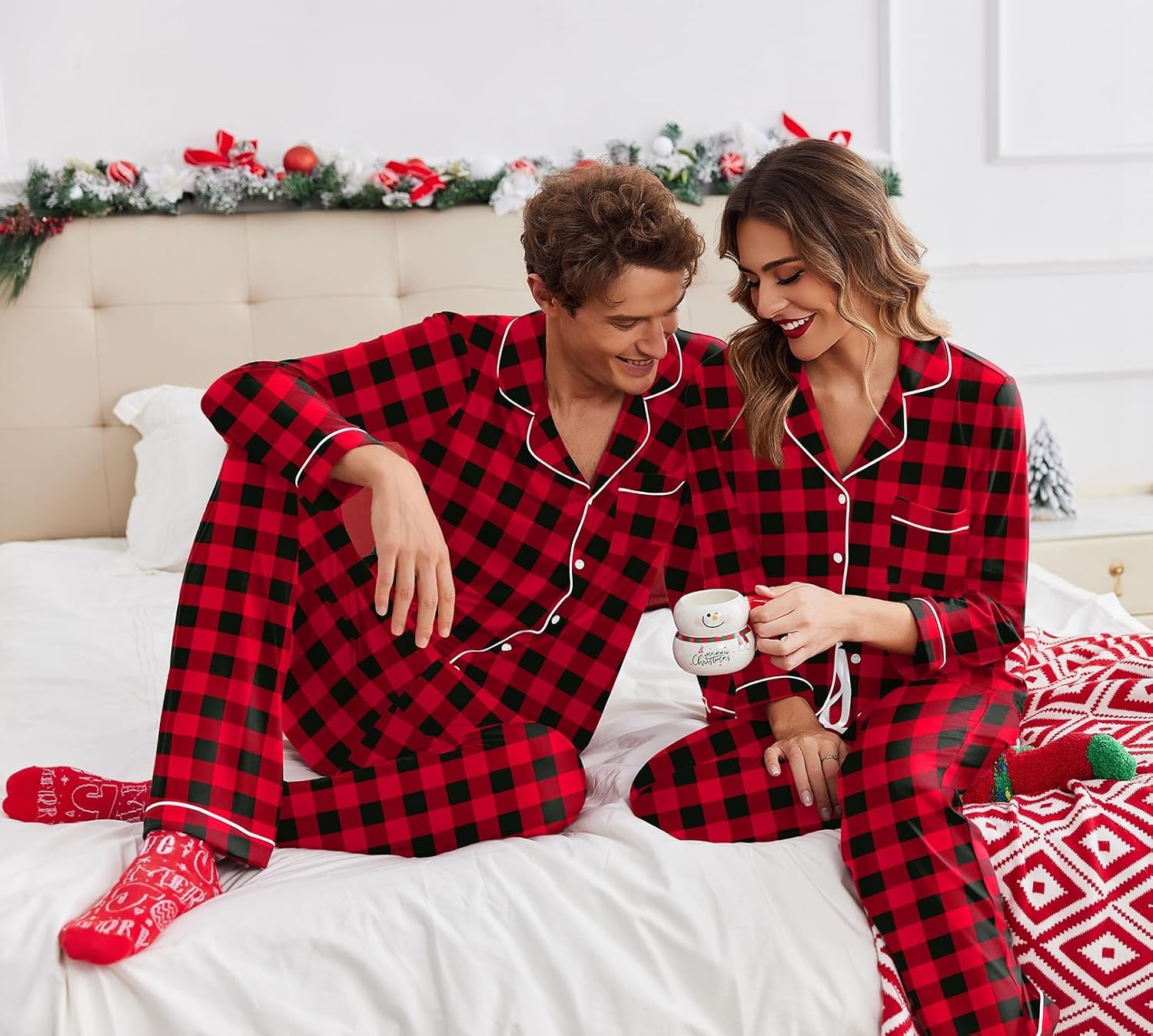 image:imageEkouaer Christmas Family Matching Pajamas Long Sleeve Button Down Pj SetRed Black Plaid