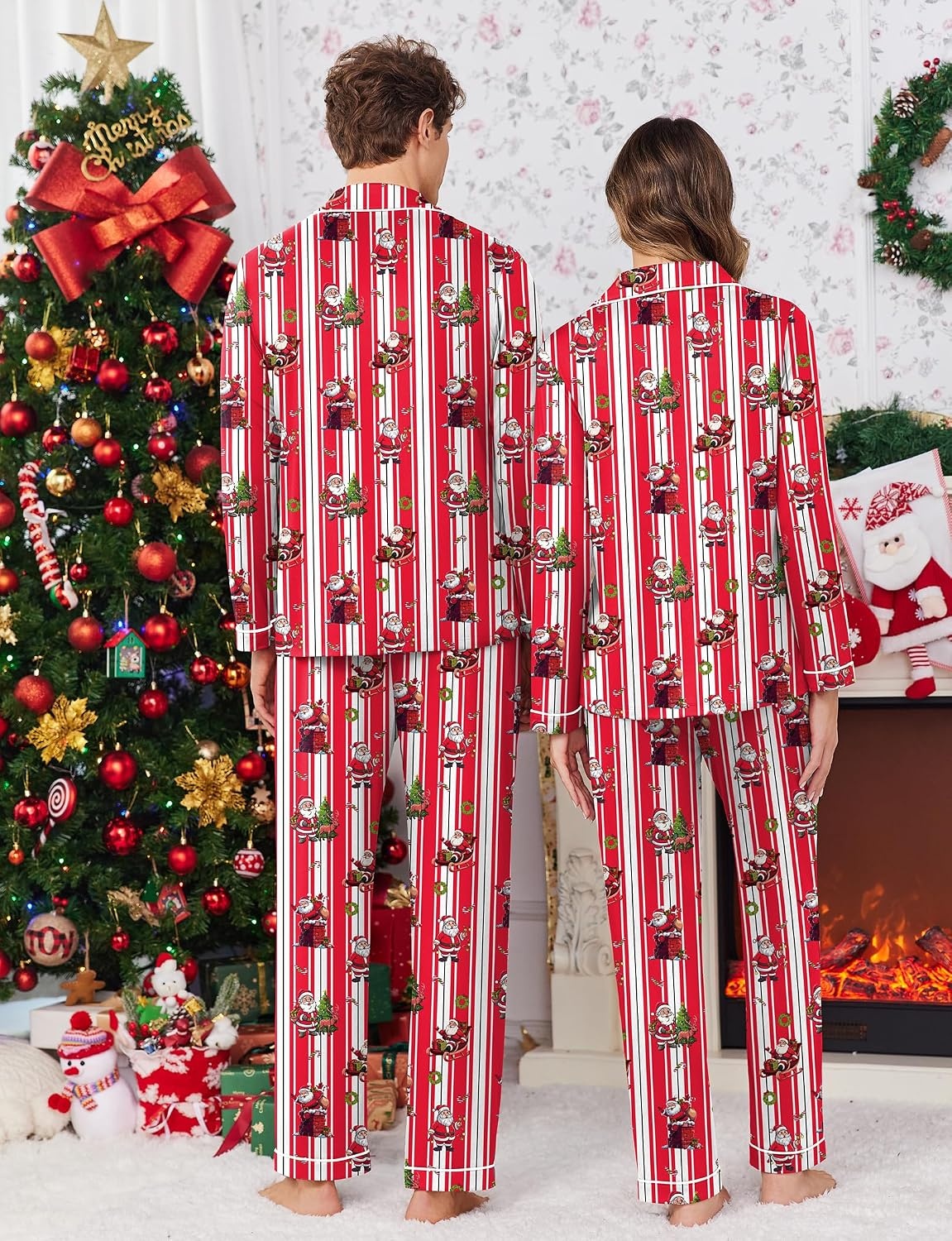 image:imageEkouaer Christmas Family Matching Pajamas Long Sleeve Button Down Pj SetRed Striped Santa Claus