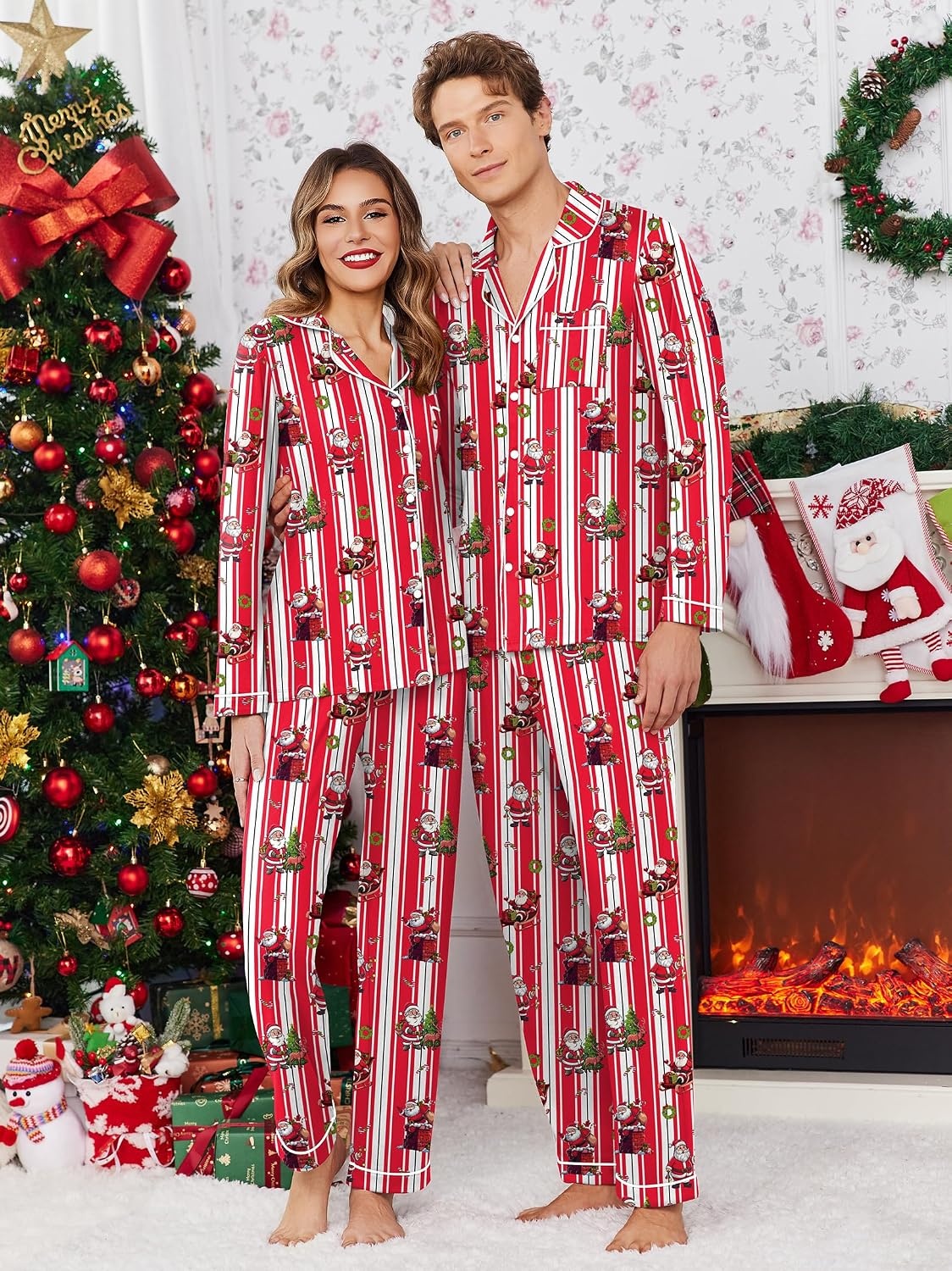 image:imageEkouaer Christmas Family Matching Pajamas Long Sleeve Button Down Pj SetRed Striped Santa Claus