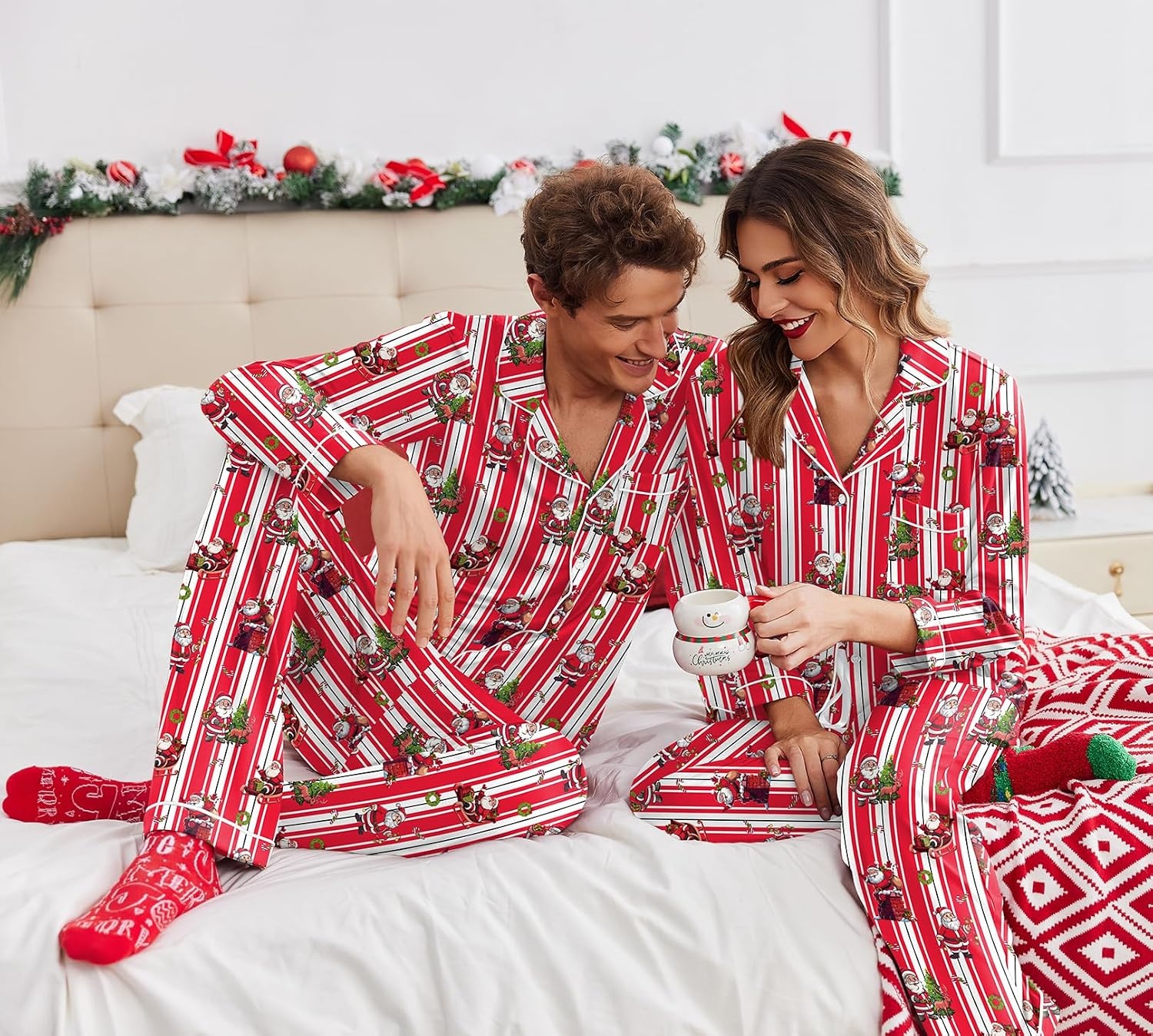 image:imageEkouaer Christmas Family Matching Pajamas Long Sleeve Button Down Pj SetRed Striped Santa Claus