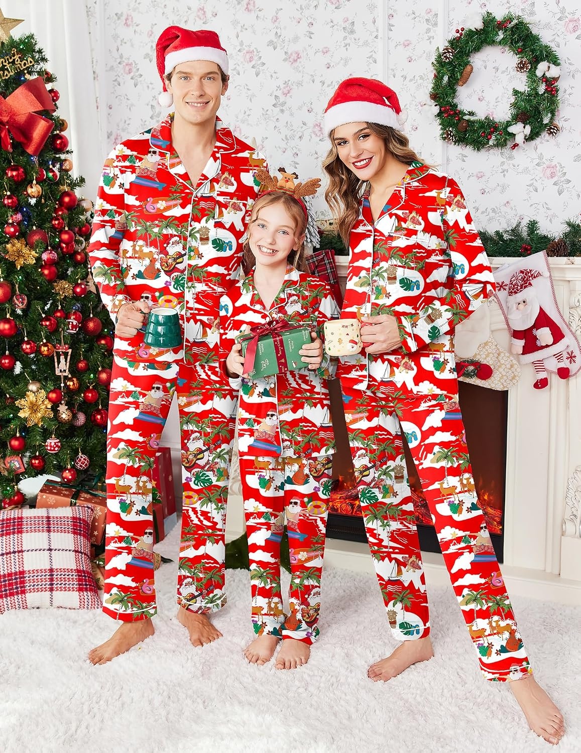 image:imageEkouaer Christmas Family Matching Pajamas Long Sleeve Button Down Pj SetRed Vacation