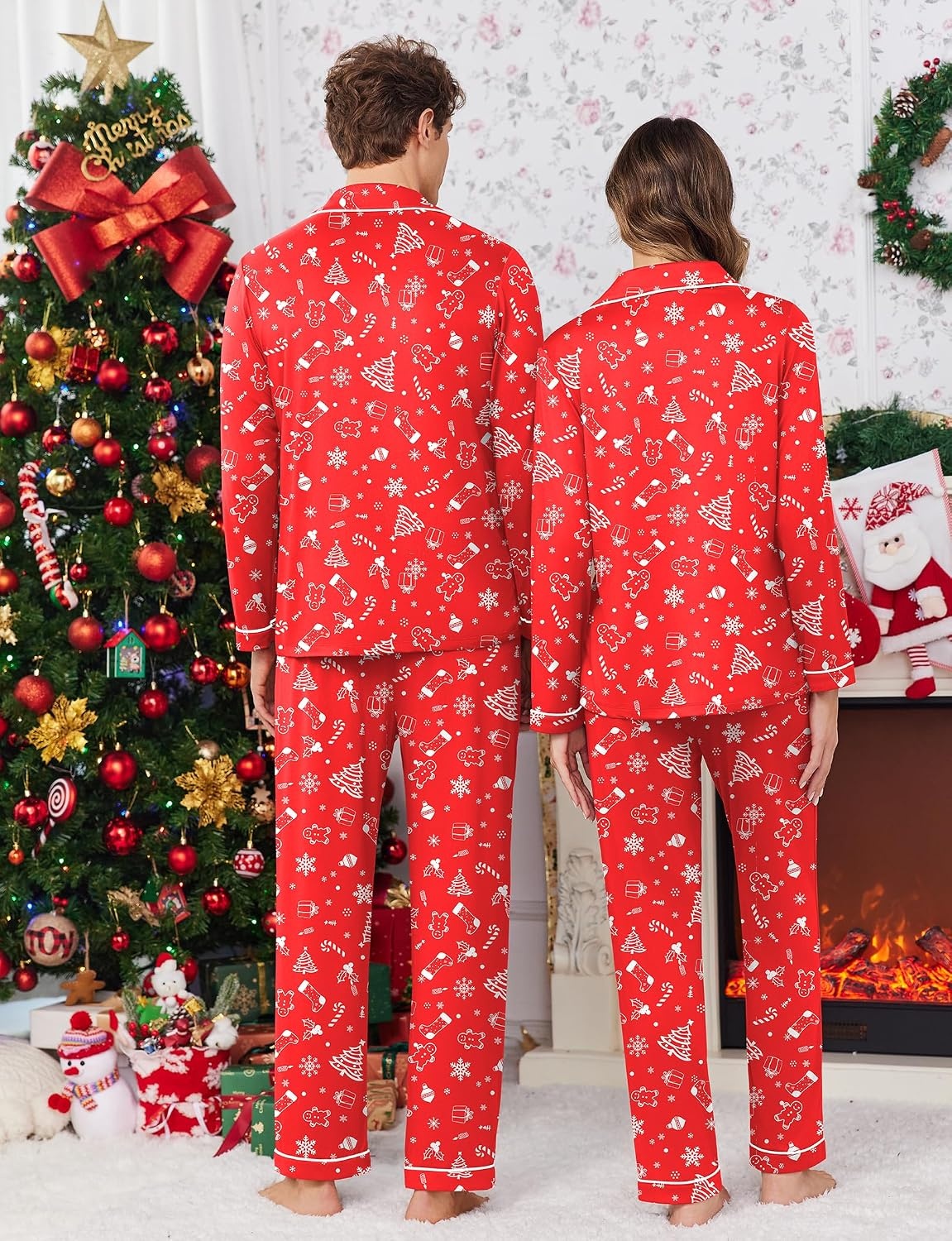 image:imageEkouaer Christmas Family Matching Pajamas Long Sleeve Button Down Pj SetRedTreeSock