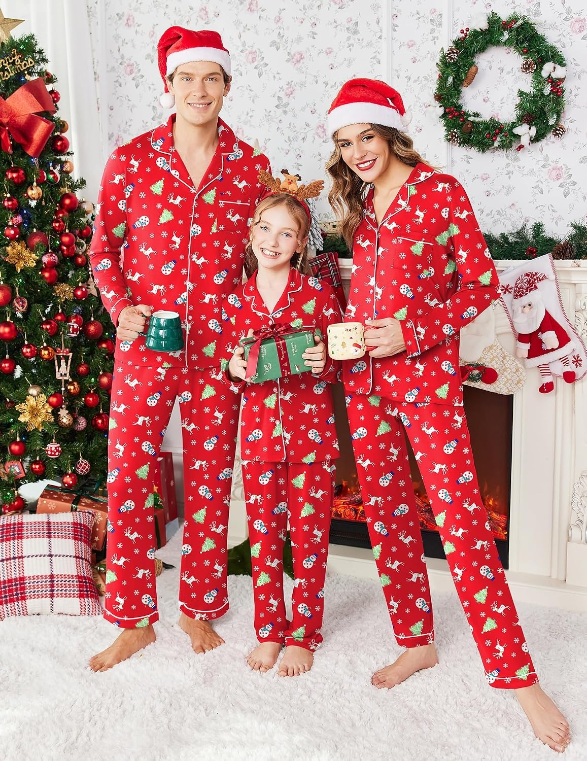 image:imageEkouaer Christmas Family Matching Pajamas Long Sleeve Button Down Pj SetRedXmas Tree