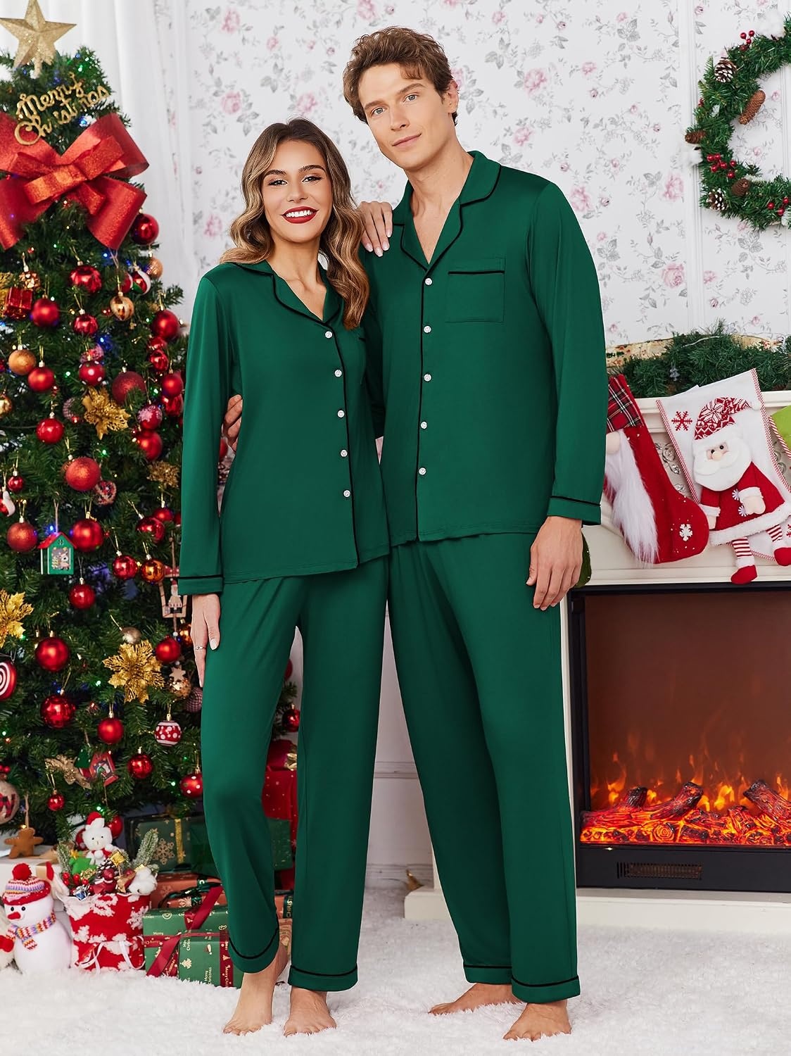 image:imageEkouaer Christmas Family Matching Pajamas Long Sleeve Button Down Pj SetSoliddeep Green