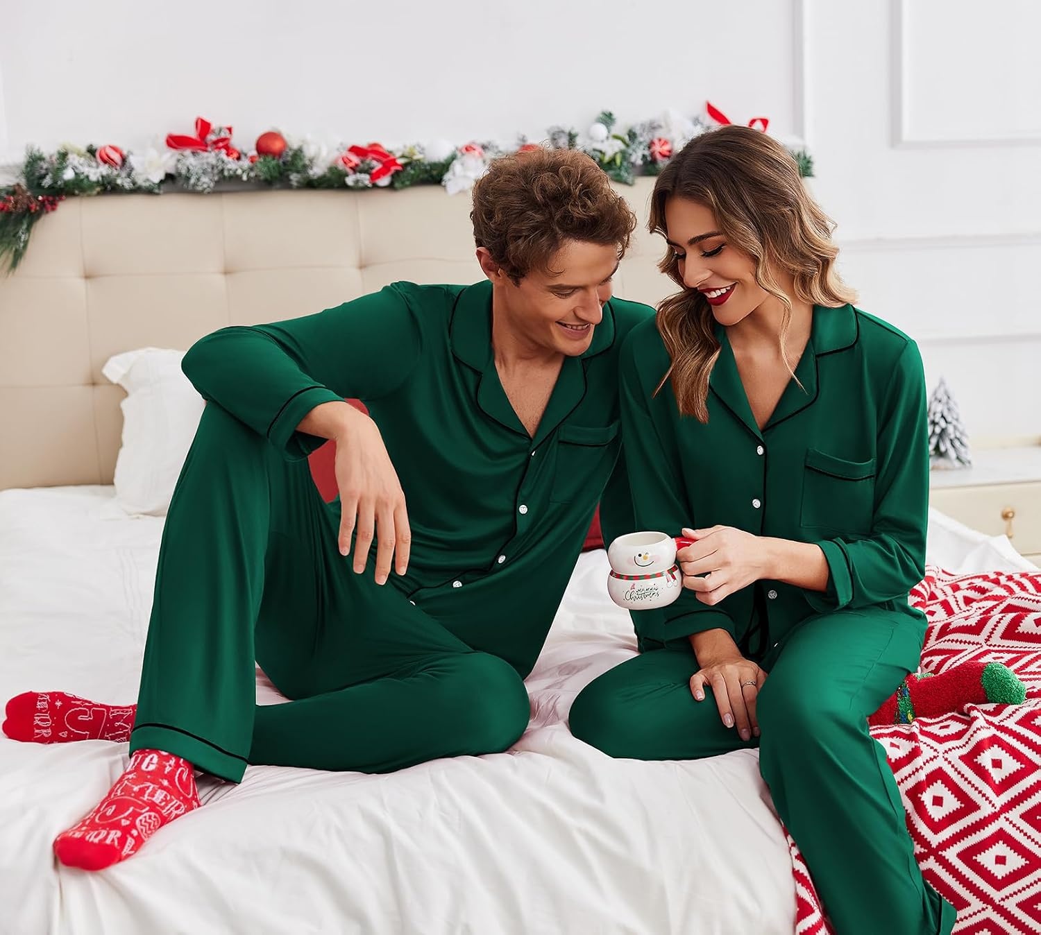 image:imageEkouaer Christmas Family Matching Pajamas Long Sleeve Button Down Pj SetSoliddeep Green