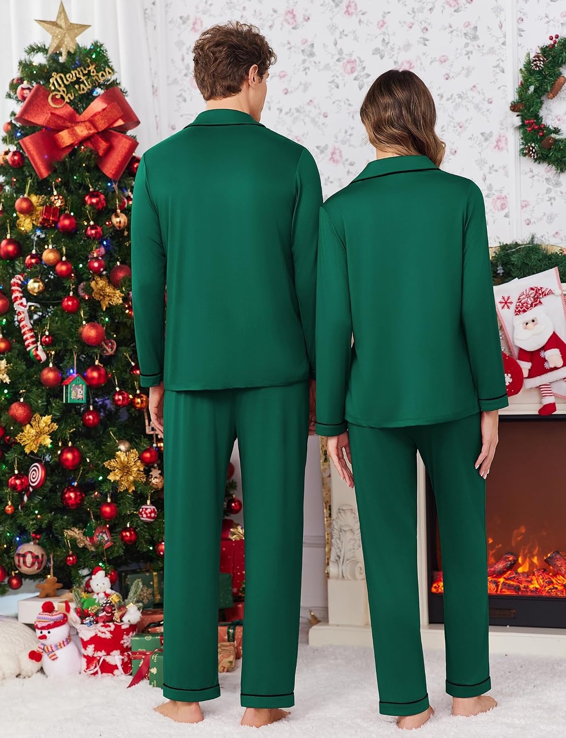 image:imageEkouaer Christmas Family Matching Pajamas Long Sleeve Button Down Pj SetSoliddeep Green