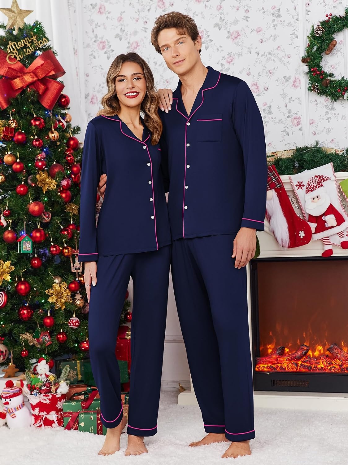 image:imageEkouaer Christmas Family Matching Pajamas Long Sleeve Button Down Pj SetSolidnavu Blue