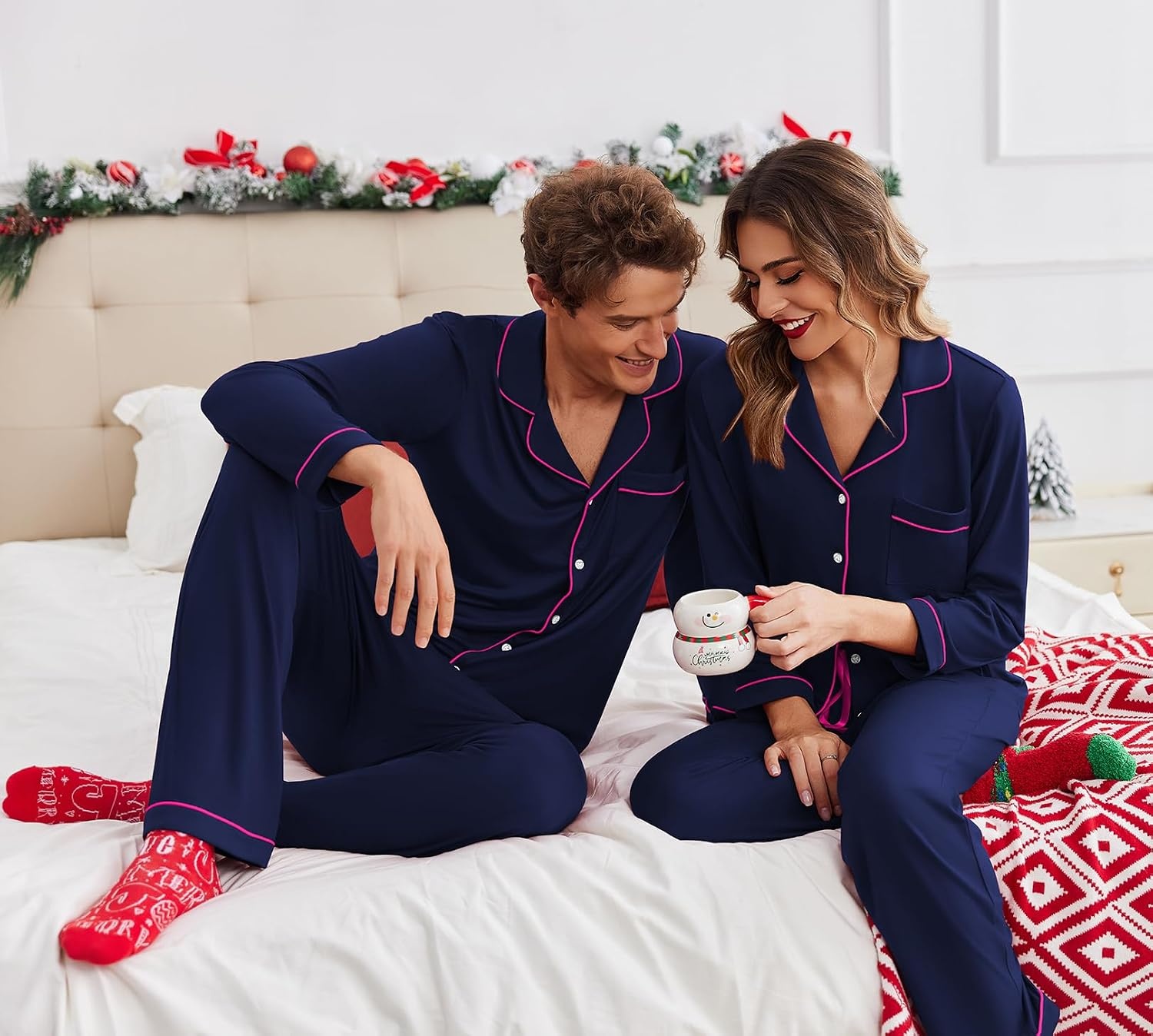 image:imageEkouaer Christmas Family Matching Pajamas Long Sleeve Button Down Pj SetSolidnavu Blue