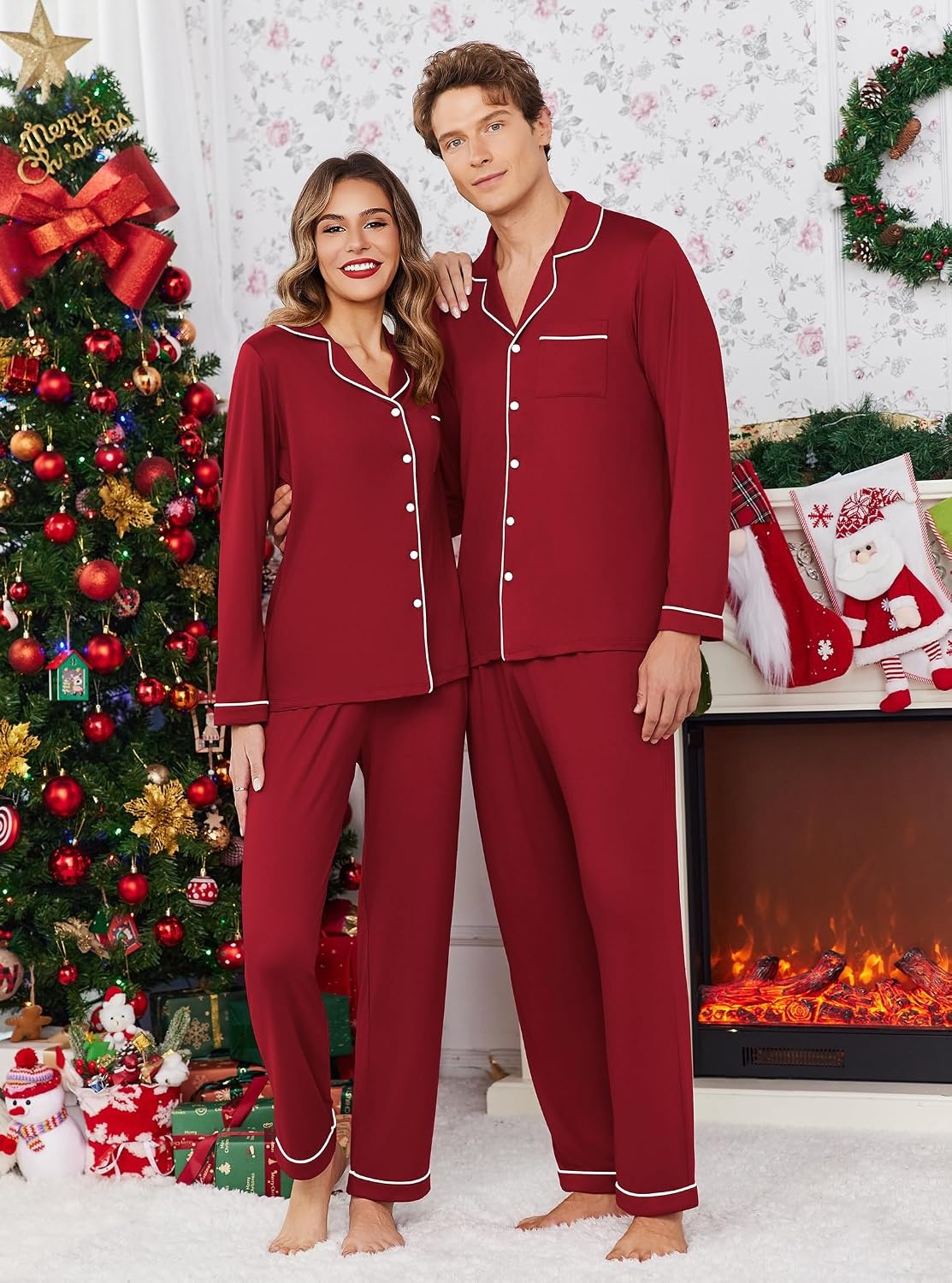 image:imageEkouaer Christmas Family Matching Pajamas Long Sleeve Button Down Pj SetSolidwine Red