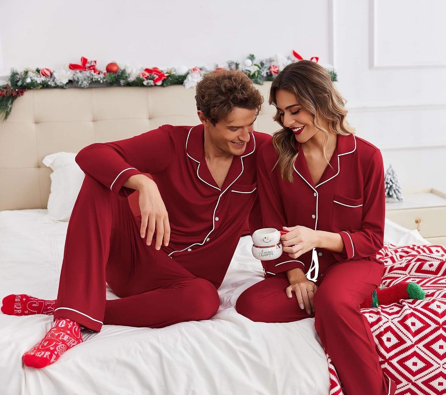 image:imageEkouaer Christmas Family Matching Pajamas Long Sleeve Button Down Pj SetSolidwine Red
