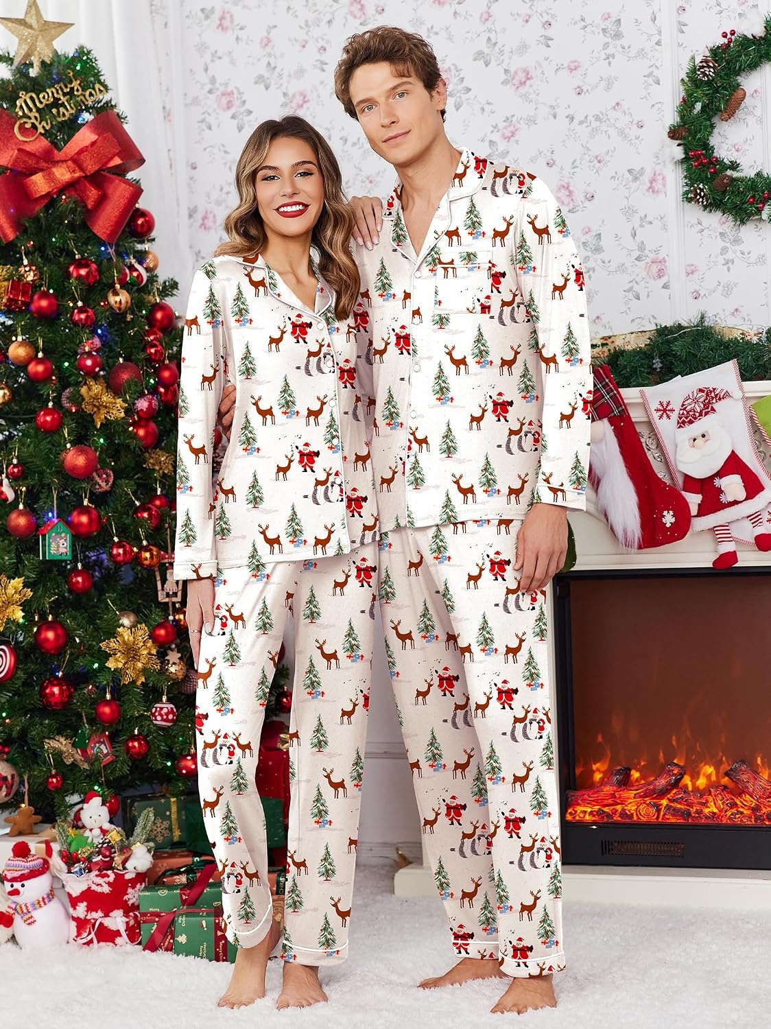 image:imageEkouaer Christmas Family Matching Pajamas Long Sleeve Button Down Pj SetWhiteChristmas Elements