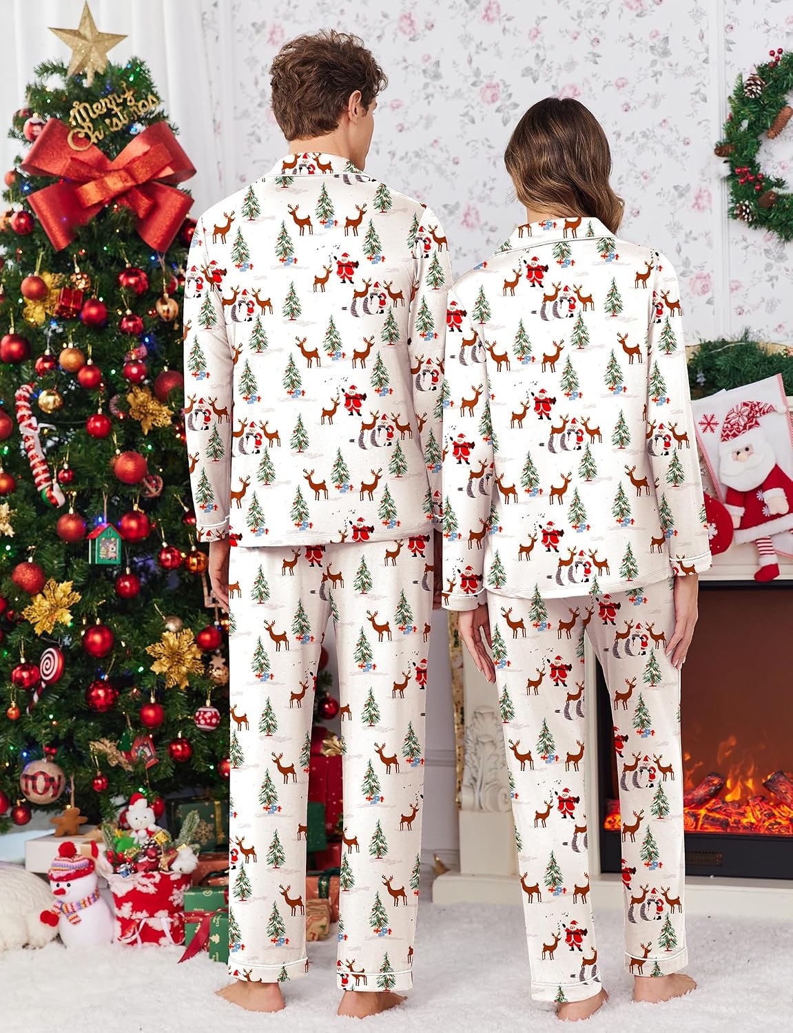 image:imageEkouaer Christmas Family Matching Pajamas Long Sleeve Button Down Pj SetWhiteChristmas Elements