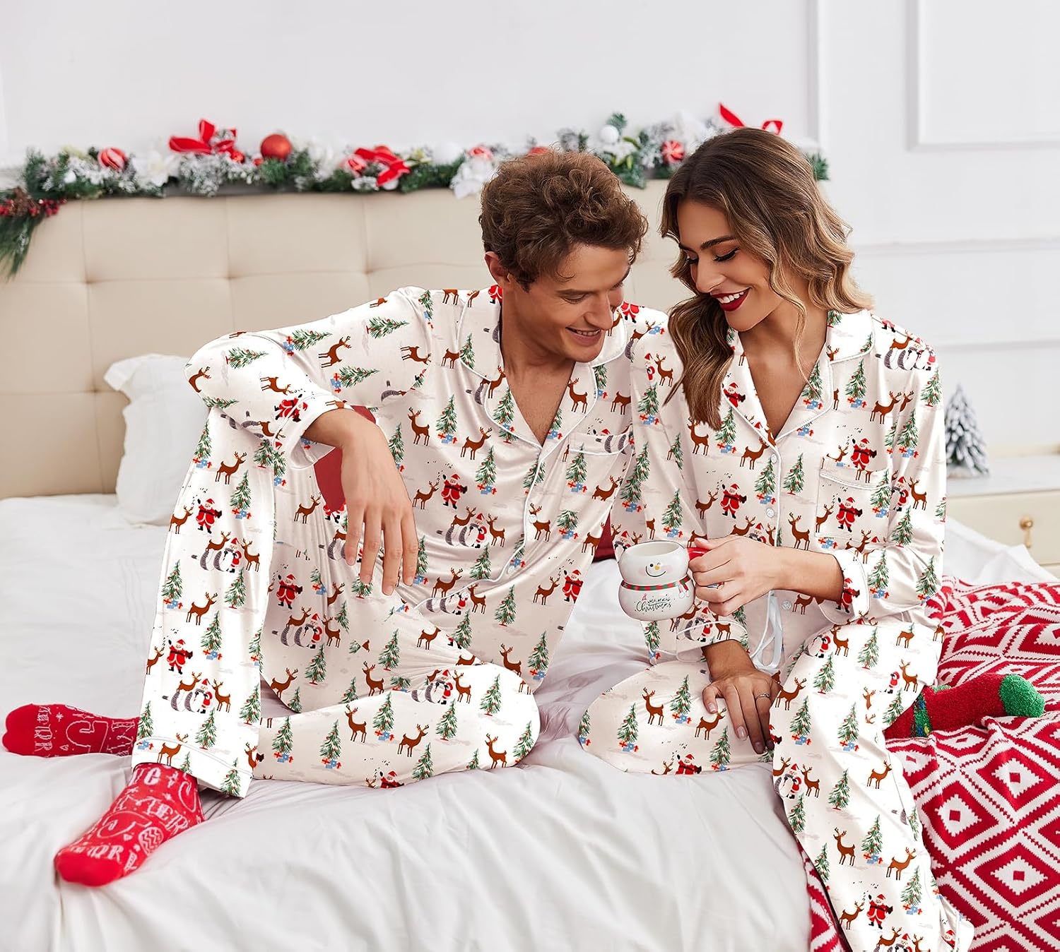 image:imageEkouaer Christmas Family Matching Pajamas Long Sleeve Button Down Pj SetWhiteChristmas Elements