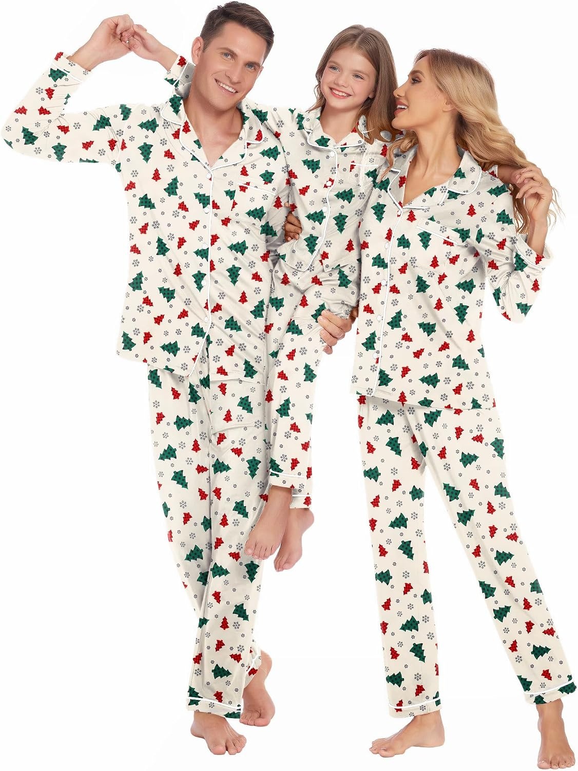 image:imageEkouaer Christmas Family Matching Pajamas Long Sleeve Button Down Pj SetWhitePlaid Tree