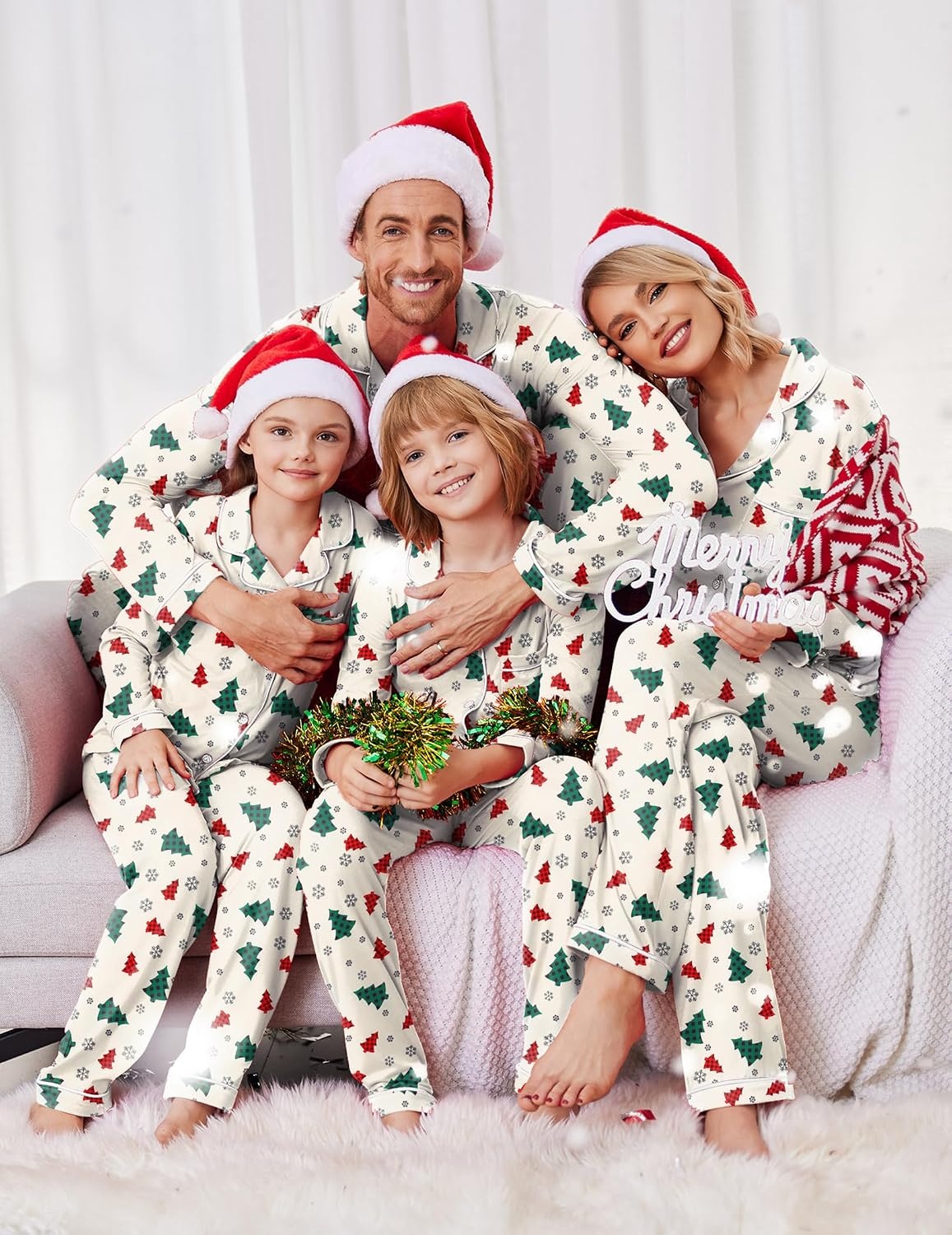 image:imageEkouaer Christmas Family Matching Pajamas Long Sleeve Button Down Pj SetWhitePlaid Tree