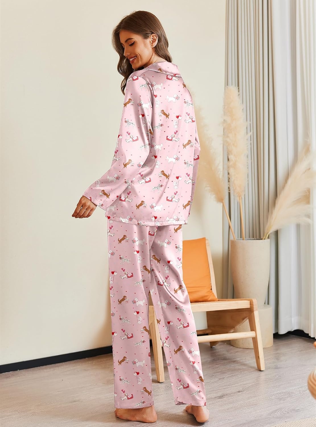 image:imageEkouaer Pajamas For Women Silk Pjs Long Sleeve Button Down Lounge Sets2pink Heart