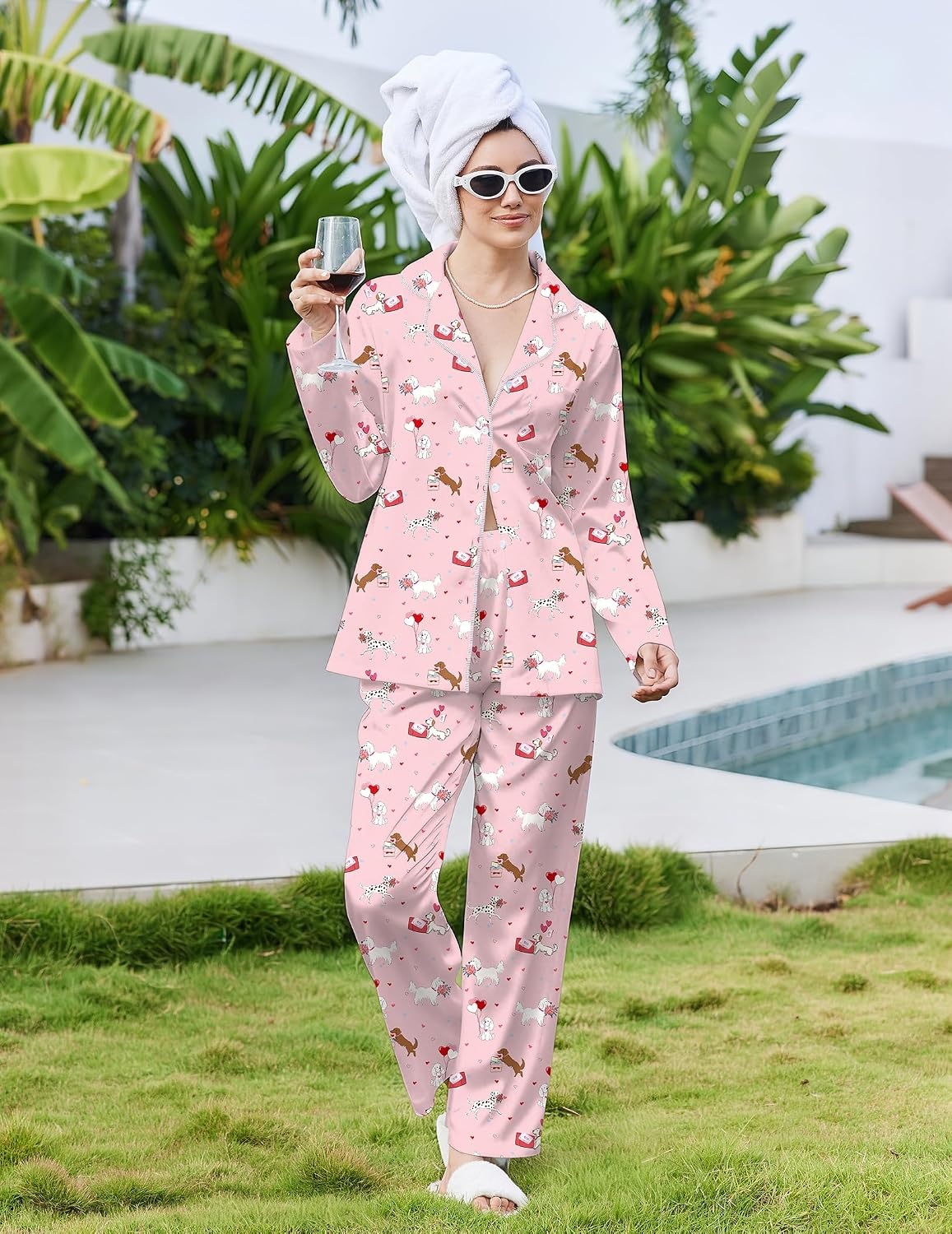 image:imageEkouaer Pajamas For Women Silk Pjs Long Sleeve Button Down Lounge Sets2pink Heart