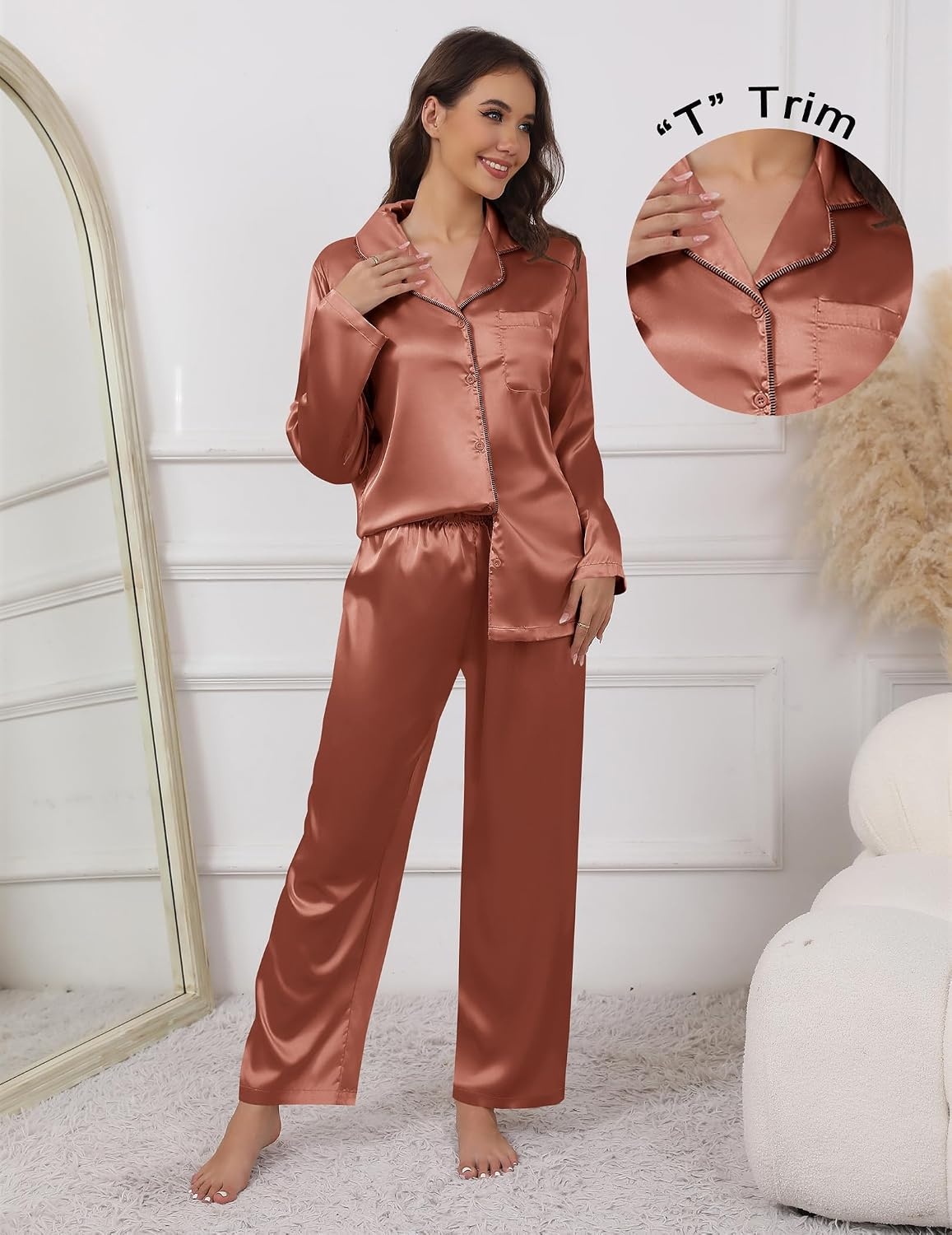 image:imageEkouaer Pajamas For Women Silk Pjs Long Sleeve Button Down Lounge SetsCaramel