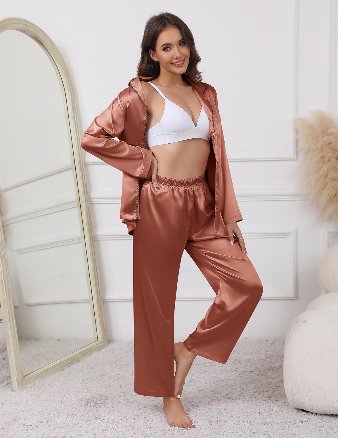 image:imageEkouaer Pajamas For Women Silk Pjs Long Sleeve Button Down Lounge SetsCaramel