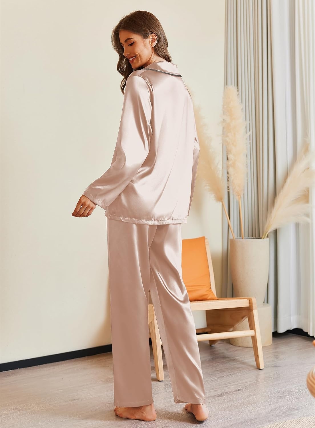 image:imageEkouaer Pajamas For Women Silk Pjs Long Sleeve Button Down Lounge SetsChampagne