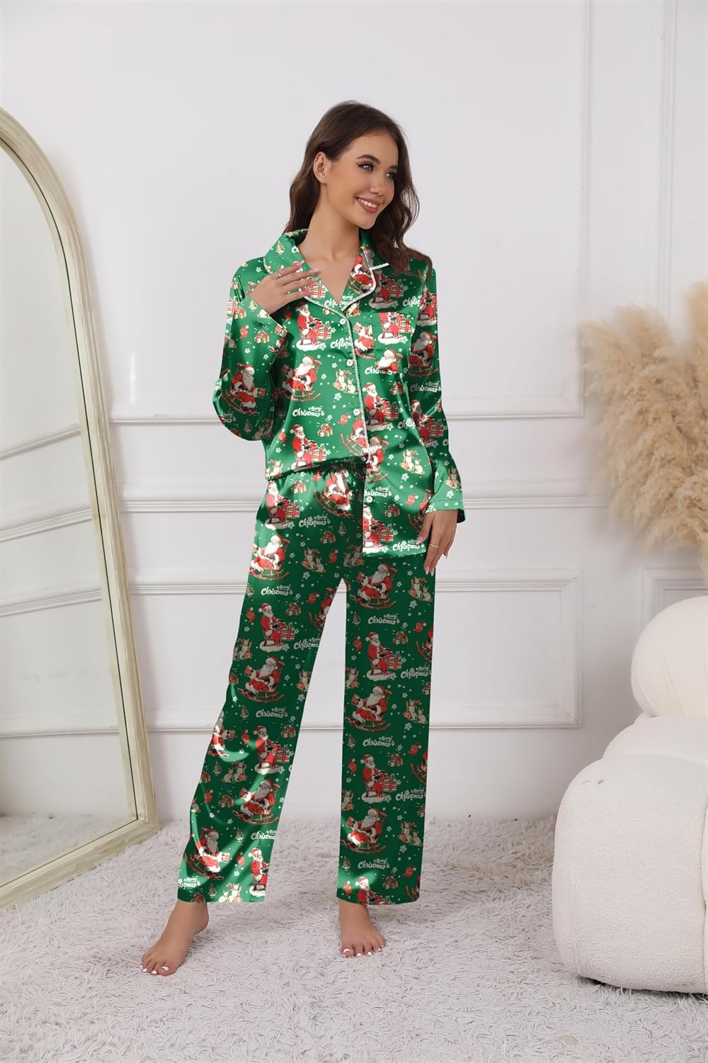 image:imageEkouaer Pajamas For Women Silk Pjs Long Sleeve Button Down Lounge SetsChristmas Green