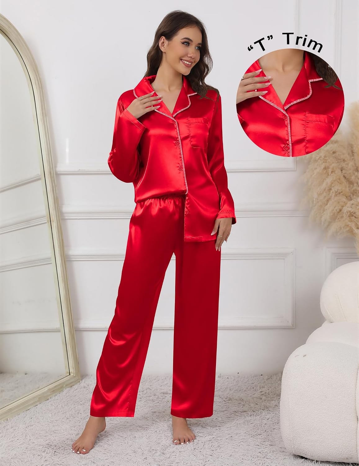 image:imageEkouaer Pajamas For Women Silk Pjs Long Sleeve Button Down Lounge SetsChristmas Red