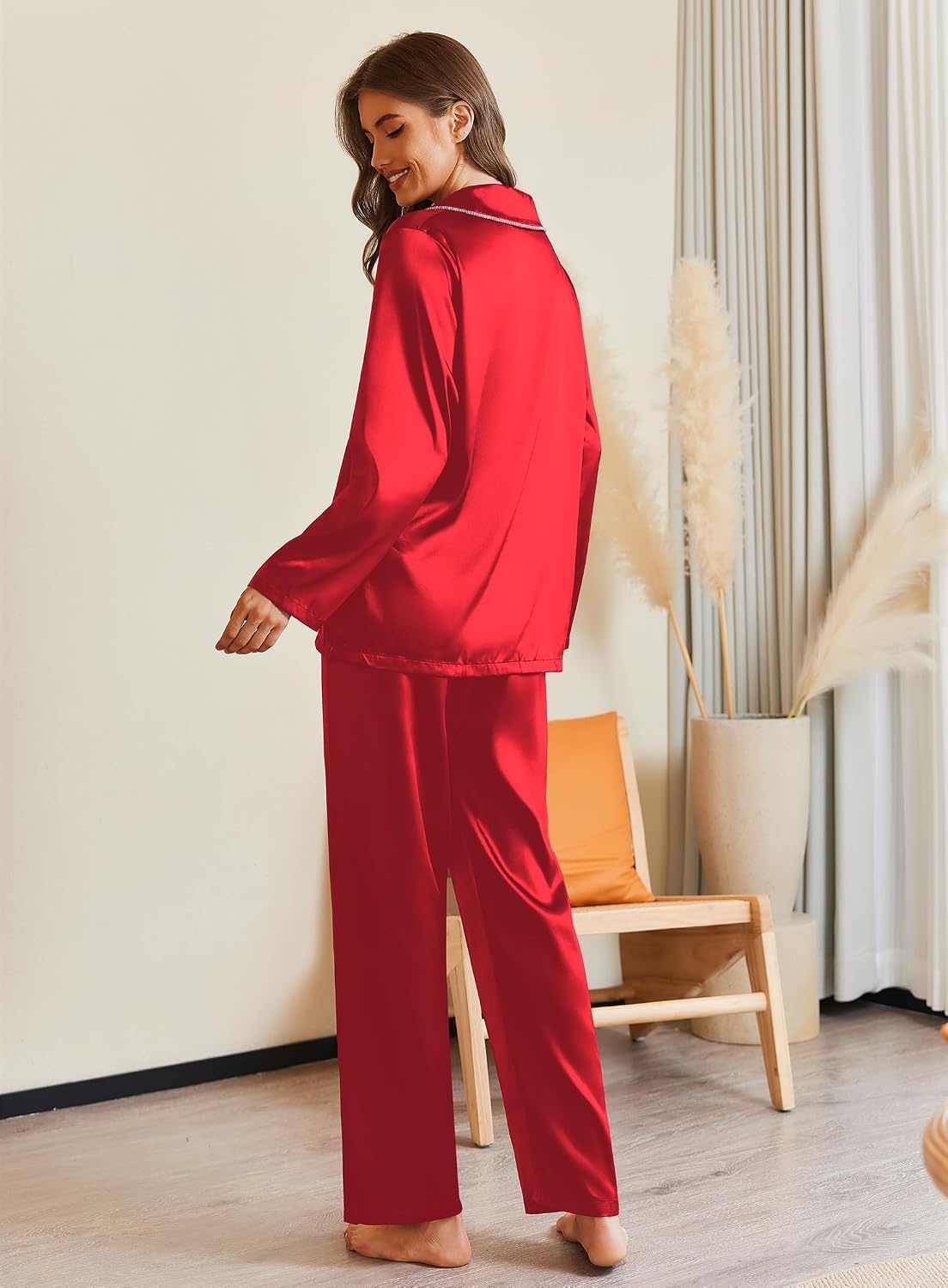 image:imageEkouaer Pajamas For Women Silk Pjs Long Sleeve Button Down Lounge SetsChristmas Red