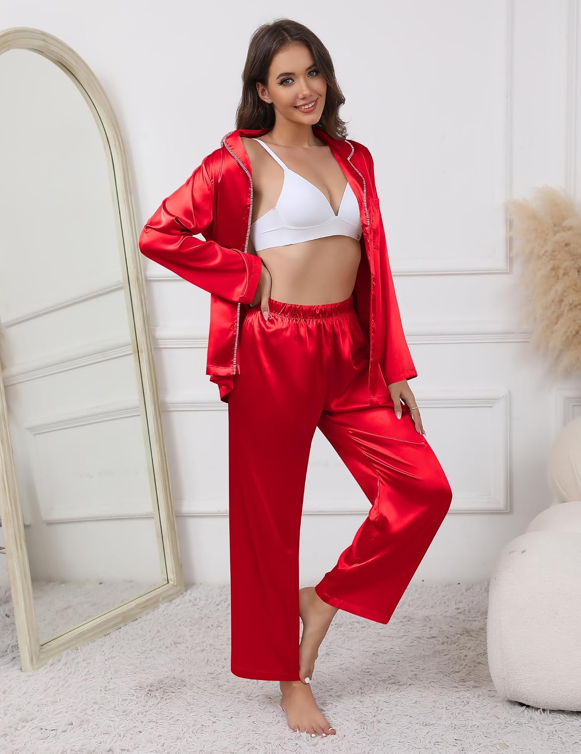 image:imageEkouaer Pajamas For Women Silk Pjs Long Sleeve Button Down Lounge SetsChristmas Red