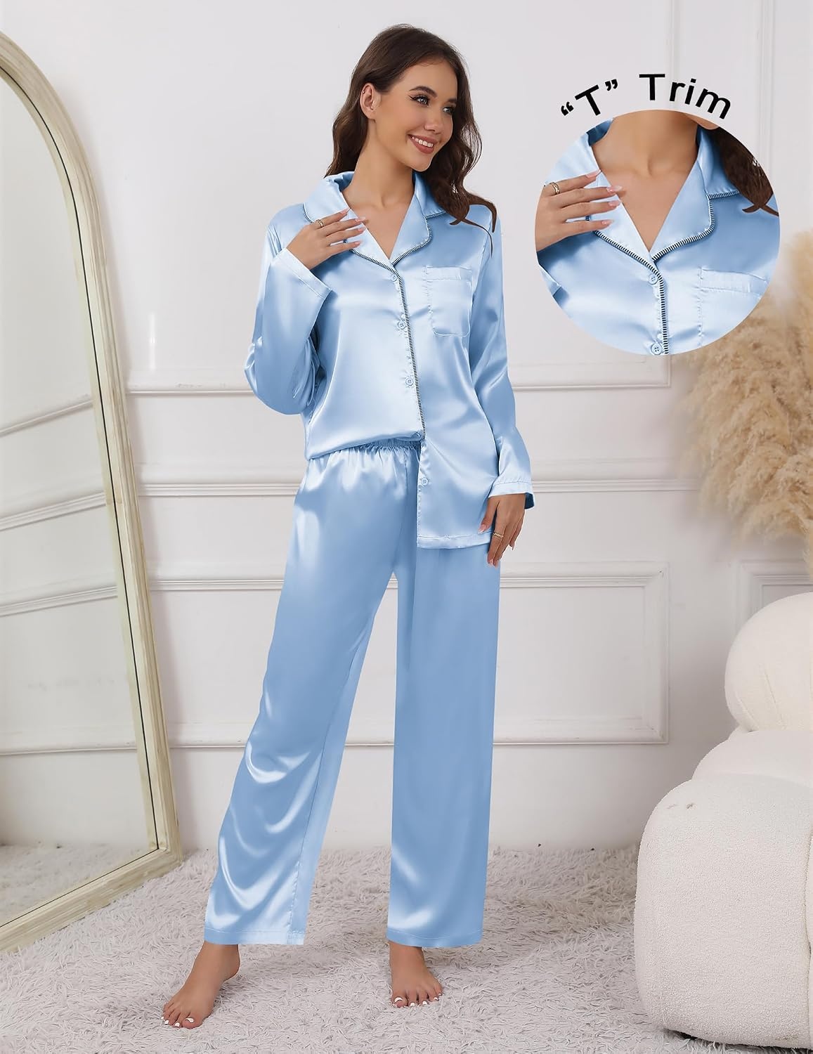 image:imageEkouaer Pajamas For Women Silk Pjs Long Sleeve Button Down Lounge SetsClear Blue