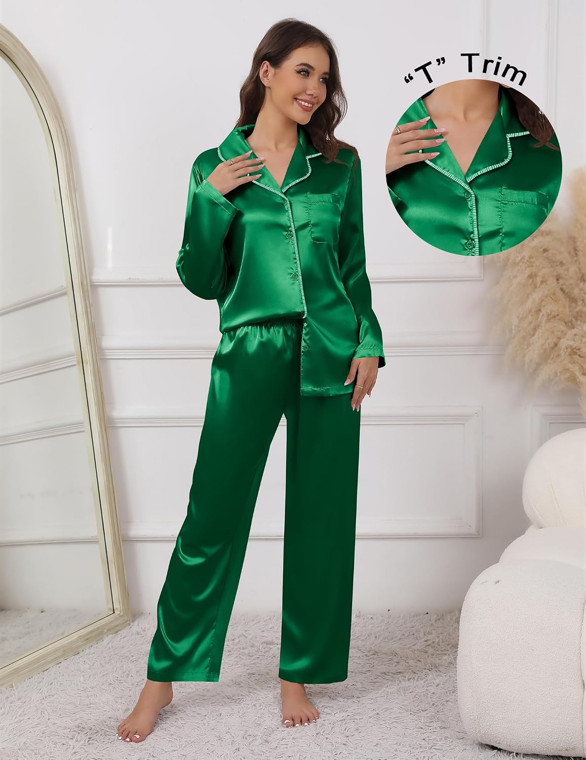 image:imageEkouaer Pajamas For Women Silk Pjs Long Sleeve Button Down Lounge SetsGreen