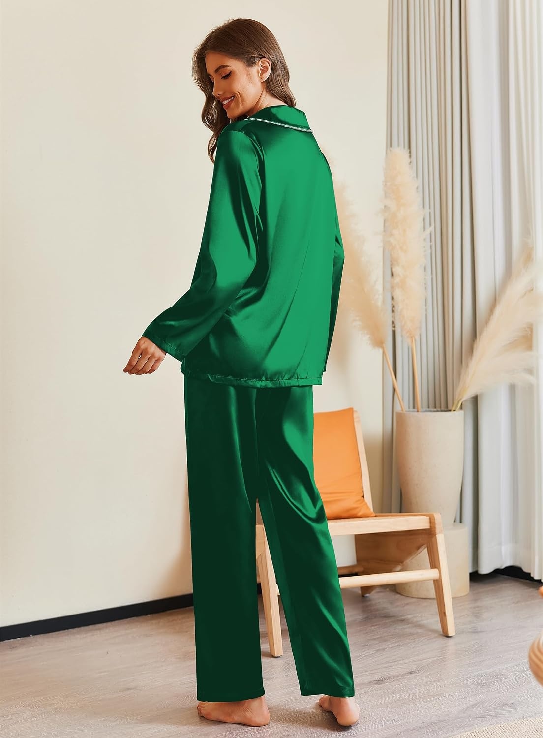 image:imageEkouaer Pajamas For Women Silk Pjs Long Sleeve Button Down Lounge SetsGreen