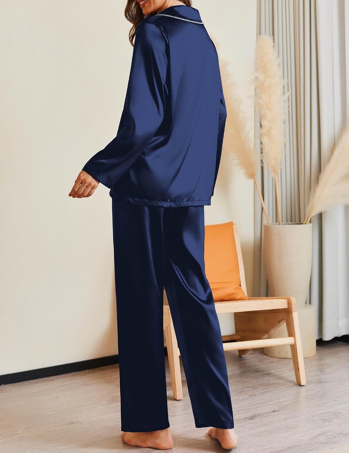 image:imageEkouaer Pajamas For Women Silk Pjs Long Sleeve Button Down Lounge SetsNavy Blue
