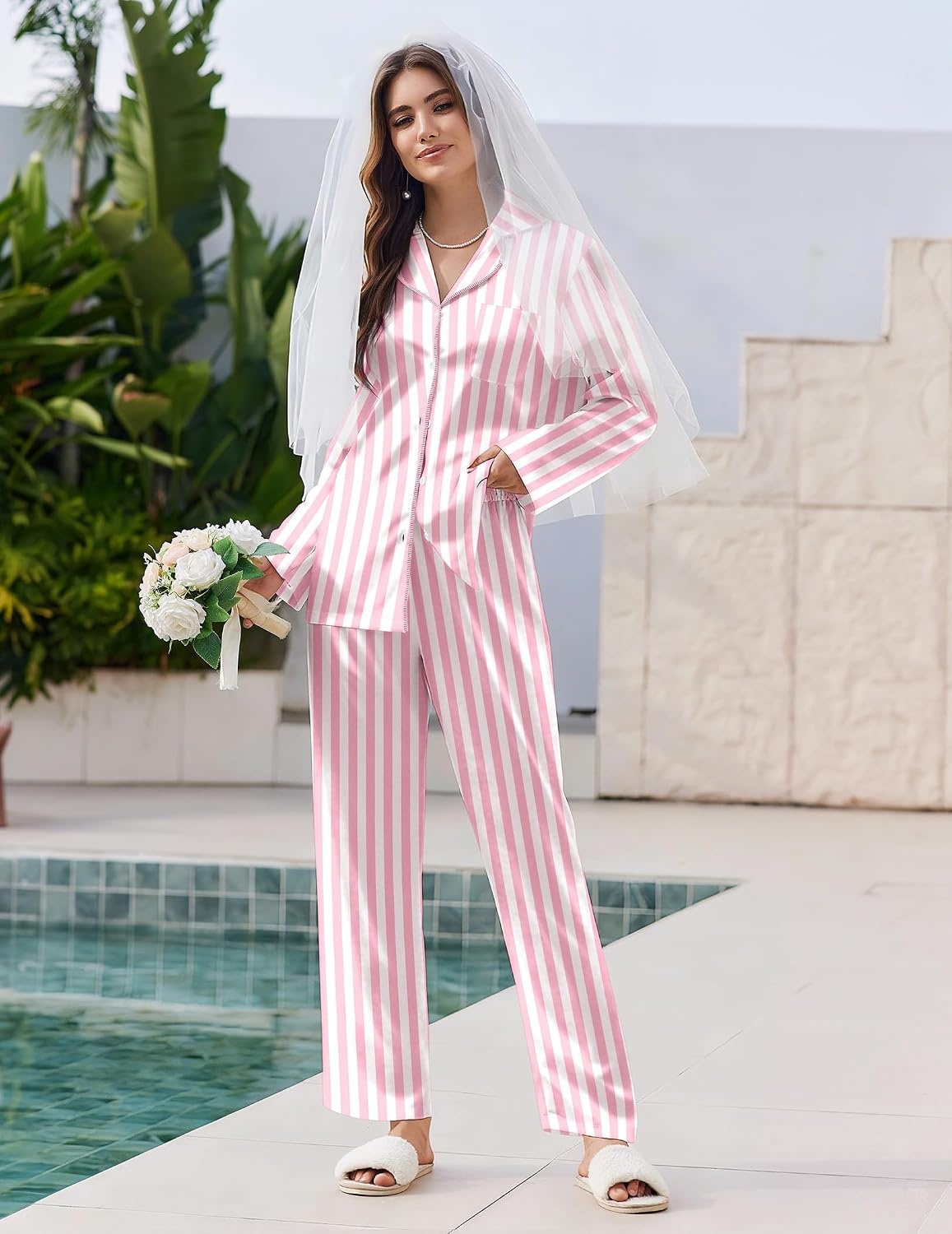 image:imageEkouaer Pajamas For Women Silk Pjs Long Sleeve Button Down Lounge SetsPink White Stripe