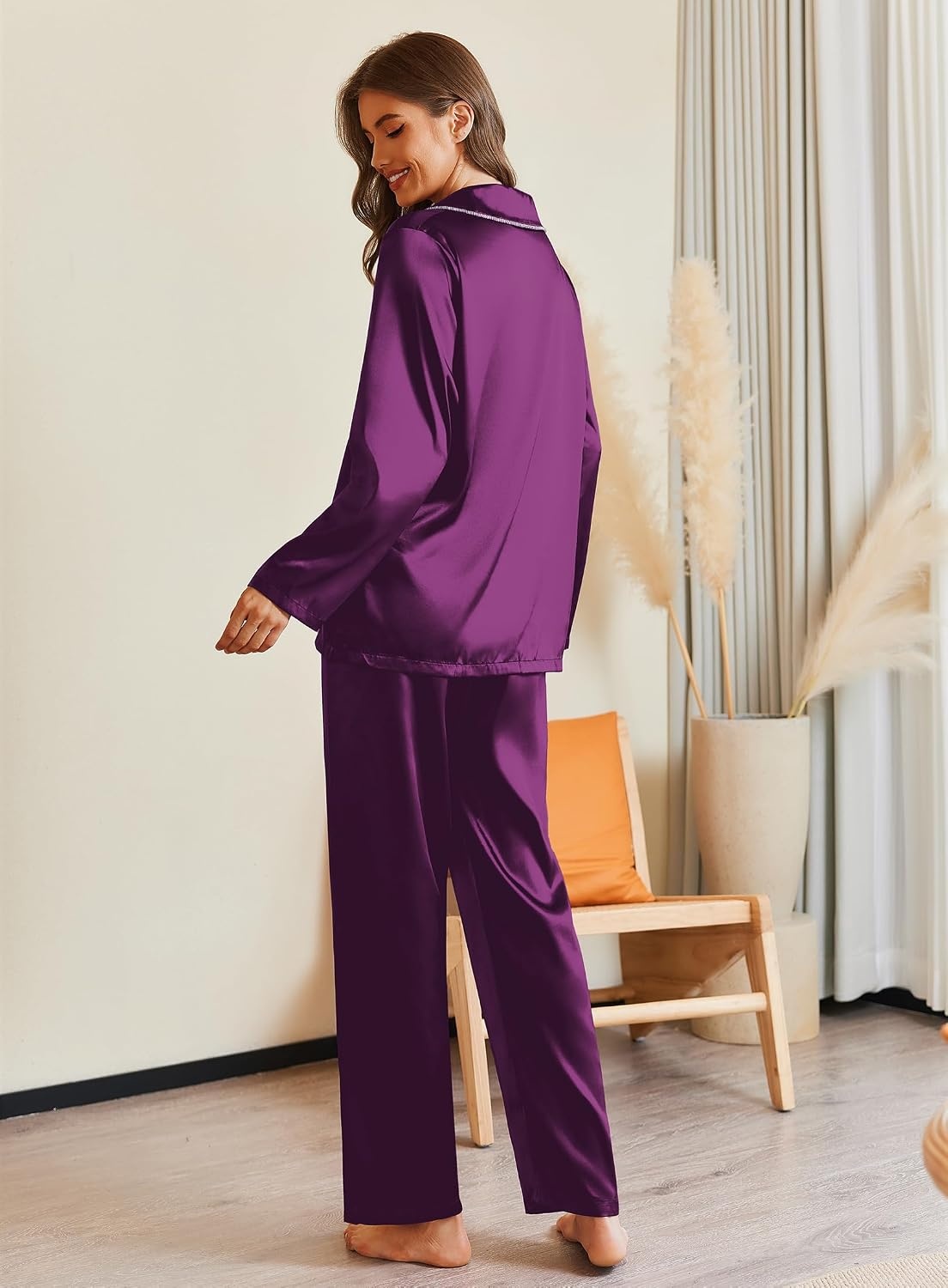 image:imageEkouaer Pajamas For Women Silk Pjs Long Sleeve Button Down Lounge SetsPurple
